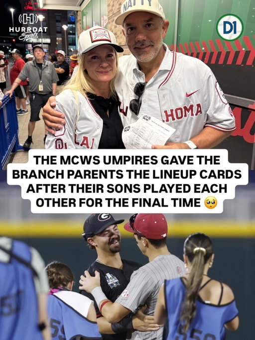 The umpires found the Branch parents to give them the official lineup cards with their boys, Kolby (UGA) and Kyle (Oklahoma), on them.

They are the first brothers to be starters and opponents in an MCWS game. OU eliminated UGA in Omaha, and this was the final time the two would face off in college. 🥺