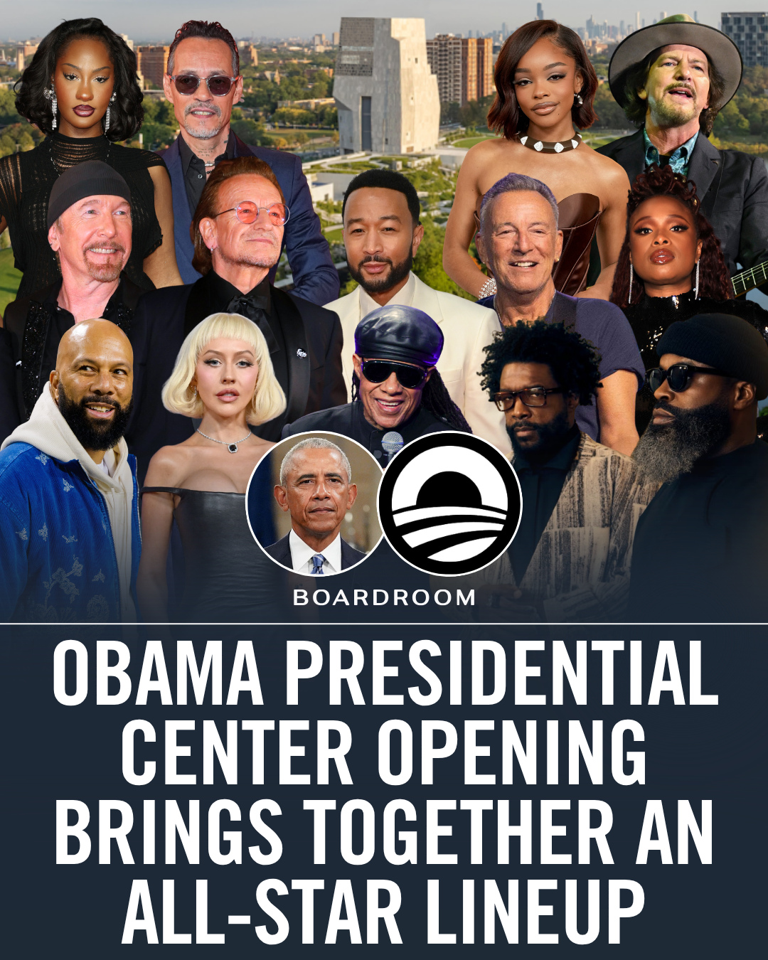 The grand opening of the Obama Presidential Center will feature performances and appearances from Bruce Springsteen, Stevie Wonder, Jennifer Hudson, John Legend, Christina Aguilera, Common, Tems, Marc Anthony, Eddie Vedder, The Roots, Marsai Martin, and U2's Bono and The Edge.⁠
⁠
The ceremony today officially dedicates the Chicago campus and brings together global leaders, artists, changemakers, and citizens in a celebration of the values that shaped the Obama presidency.⁠
⁠
The event will be livestreamed worldwide beginning at 11 a.m. CT.⁠
⁠
(🎥: @obamafoundation)