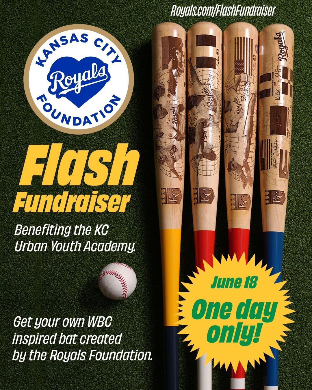 Don't miss your chance to own these limited edition World Baseball Classic Royals bats, available tonight only during our Flash Fundraiser!

The sale begins at first pitch tonight with proceeds benefiting the @kc_uya.