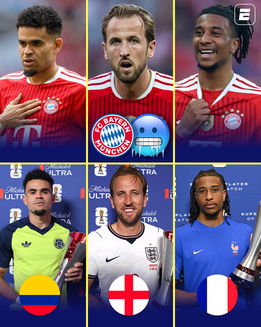 OLISE, KANE E LUIS DIAZ DOMINANDO A COPA! 🥶🥶🥶

Michael Olise, Harry Kane e Luis Díaz começaram a Copa do Mundo voando! Os três atacantes do Bayern de Munique brilharam nas estreias de suas seleções e foram eleitos os melhores em campo nas respectivas partidas.

Existe hoje um trio de ataque mais forte no futebol mundial, fã de esporte?

#ESPN2026 #FIFAWorldCup #HarryKane #MichaelOlise #LuisDiaz