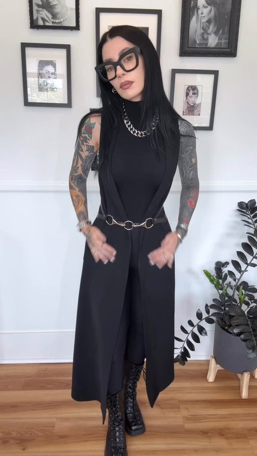 A summer Boss Goth fit
Outfit all thrifted Vest @therealreal & leggings and bodysuit Commando from @poshmark 
Belt @babyturnsblue_paris *aff code HAZE30 for $30 off*
Glasses @valleyeyewear 
Necklace @vitaly 
Boots @stevemadden