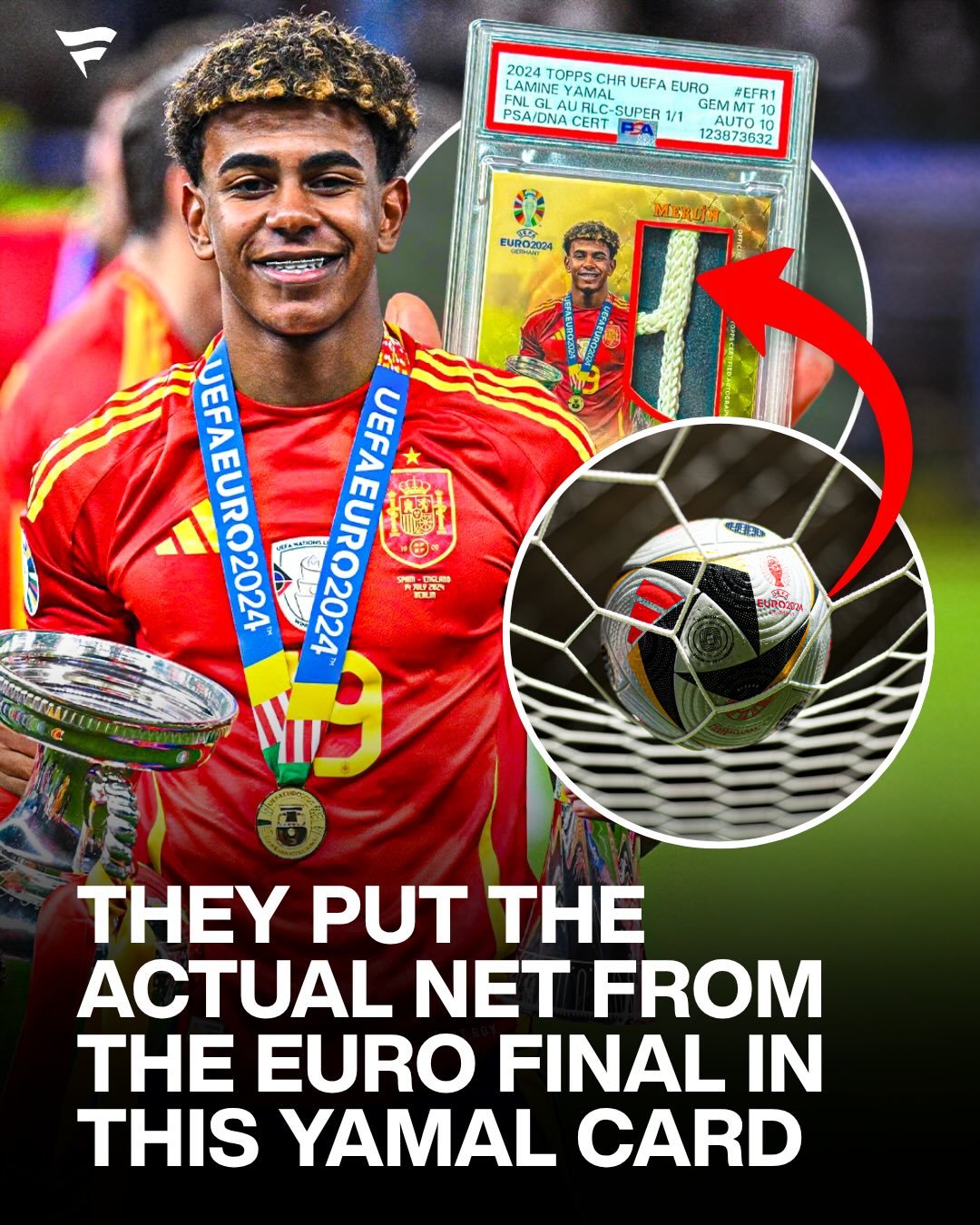 A piece of HISTORY 🤯

This Lamine Yamal 1-of-1 trading card contains an actual piece of the goal net from the UEFA Euro 2024 Final.

It’s currently up for auction on Fanatics Collect with a current bid of $80,000.