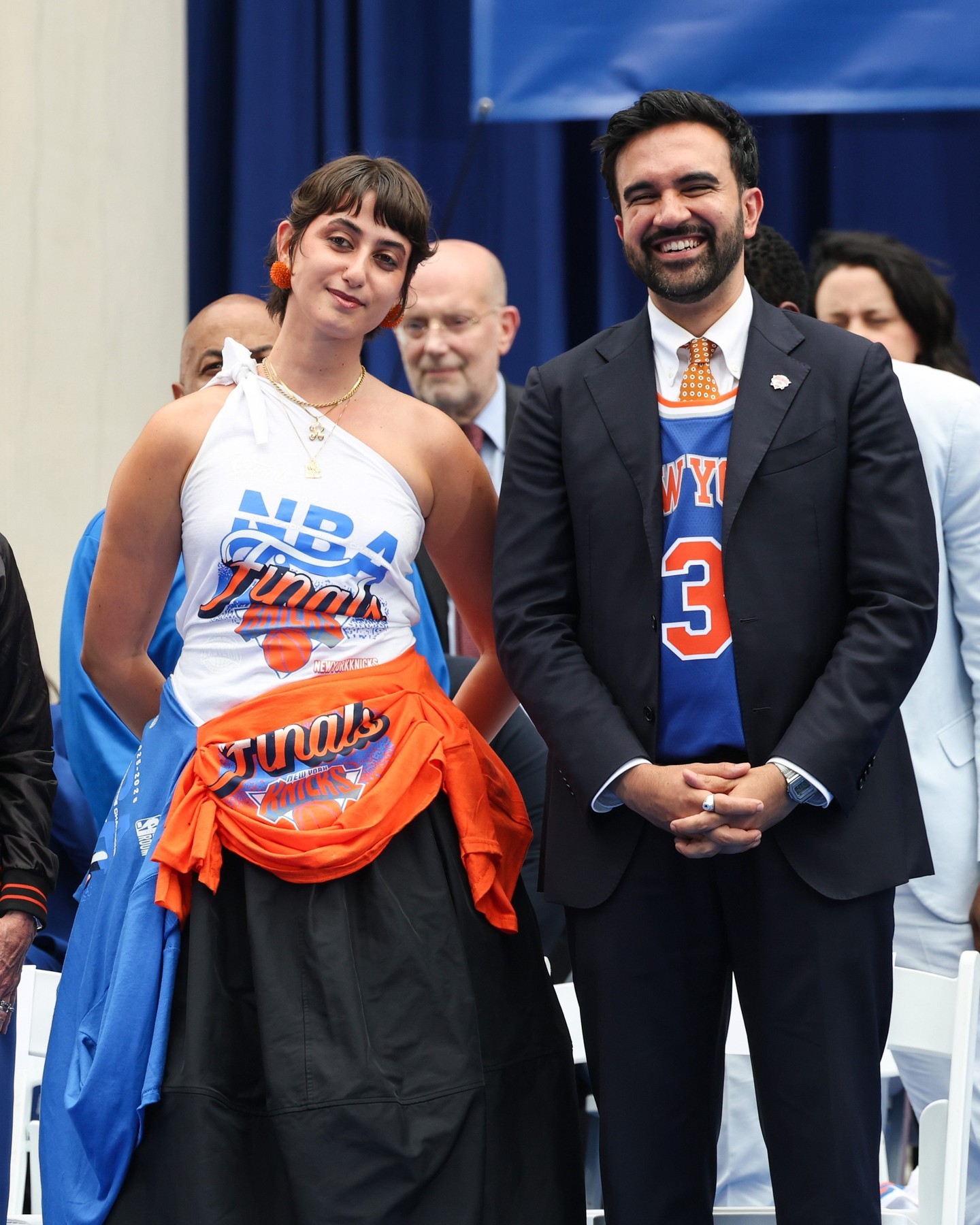 Of course NYC's First Lady @ramaduwaji would arrive at the #Knicks parade in style! 🧡💙 Rama stepped to the Championship Ceremony at City Hall today in an upcycled piece made out of various Knicks tops from @missclairesullivan and we are simply obsessed.