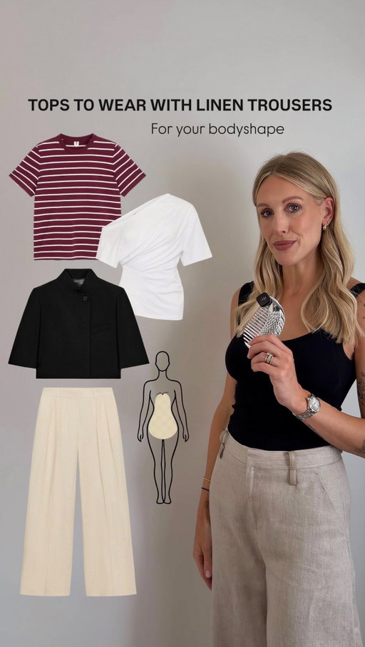 What tops do I wear with linen trousers? Try these outfit ideas for pear, inverted triangle, rectangle, hourglass and apple body shapes 🤍 Comment TOPS and I’ll DM you the links ✨ Or find everything linked on my LTK. Let me know which body shape styling tips you’d like next ⬇️ https://liketk.it/6gh3w