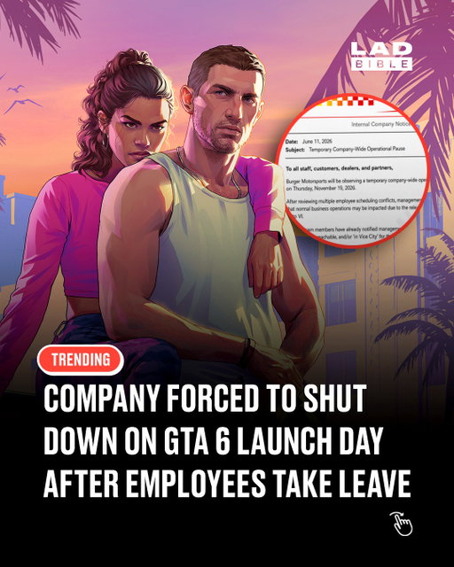 What else could they do? 😂⁠
⁠
A company is reportedly shutting down for the day when GTA 6 comes out because so many staff booked it off.⁠
⁠
Burger Motorsports, a California-based car performance company, announced a “company-wide operational pause” for 19 November 2026, the current release date for Grand Theft Auto VI.⁠
⁠
The company said normal business could be affected after several team members made it clear they would be “unavailable, unreachable, and/or ‘in Vice City’” for the day.⁠
⁠
Customer support, order processing, shipping, engineering, social media and even “general productivity” were all named as areas that could take a hit.⁠
⁠
Honestly, fair play to them. GTA 6 release day might genuinely need to be a public holiday 🙌