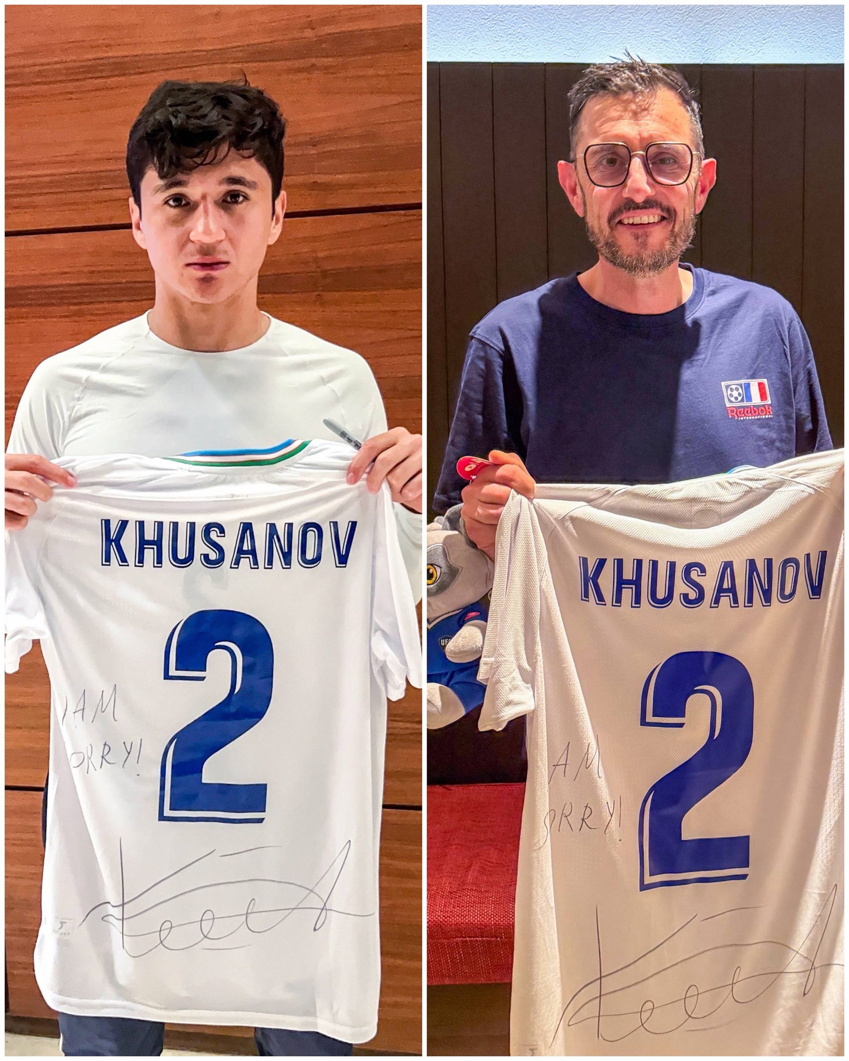 #MilliyJamoa kecha FIFA Jahon chempionatidagi ilk uchrashuvini Kolumbiyaga qarshi oʻtkazdi. Uchrashuv davomida himoyachimiz Abduqodir Husanov toʻp uchun kurash epizodlaridan birida maydon chetida faoliyat olib borayotgan translyatsiya operatori bilan toʻqnashib ketdi.

Operatorning holidan xabar olinib, unga Abduqodir Husanovning imzosi tushirilgan maxsus futbolkani topshirildi. Himoyachimiz operatorga tezroq sogʻayib ketishini tilab, samimiy tilaklarini yoʻlladi.
__

The Uzbekistan National Team played its first FIFA World Cup match against Colombia yesterday. During the game, defender Abdukodir Khusanov was involved in an accidental collision with a broadcast camera operator while challenging for the ball near the touchline.

Representatives of the Uzbekistan Football Association visited the operator to check on his condition and presented him with a special jersey signed by Abdukodir Khusanov. The defender also conveyed his sincere wishes for a speedy recovery and sent his regards to the operator.