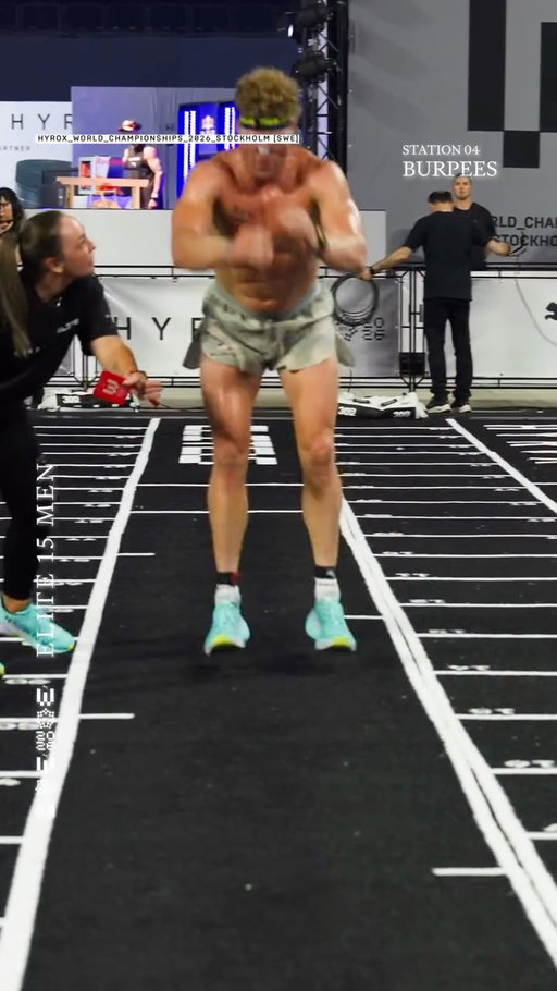 15-second penalty for McIntyre.

Burpee Broad Jumps underway.

Luke Greer is now 13 seconds behind - the gap is tightening.

We’re halfway through.