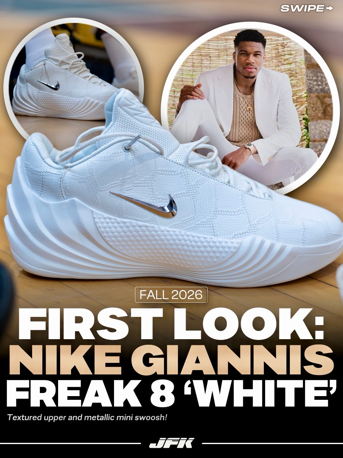 First Look: Nike Giannis Freak 8 “Triple White” 🤍

Giannis Antetokounmpo previewed an all-white Nike Giannis Freak 8 while training, showing a textured white upper, tonal laces, sculpted midsole, and metallic mini Swoosh. Nike officially introduced the Freak 8 as his eighth signature model, built with an updated synthetic upper, full-length ReactX cushioning, and a reinforced heel counter with a wing-inspired pattern. The model is expected to debut on August 1st, while release info for this exact all-white pair has not been officially announced yet.

What are your initial thoughts? 👀

#NikeFreak8 #Giannis #Nike #NikeBasketball