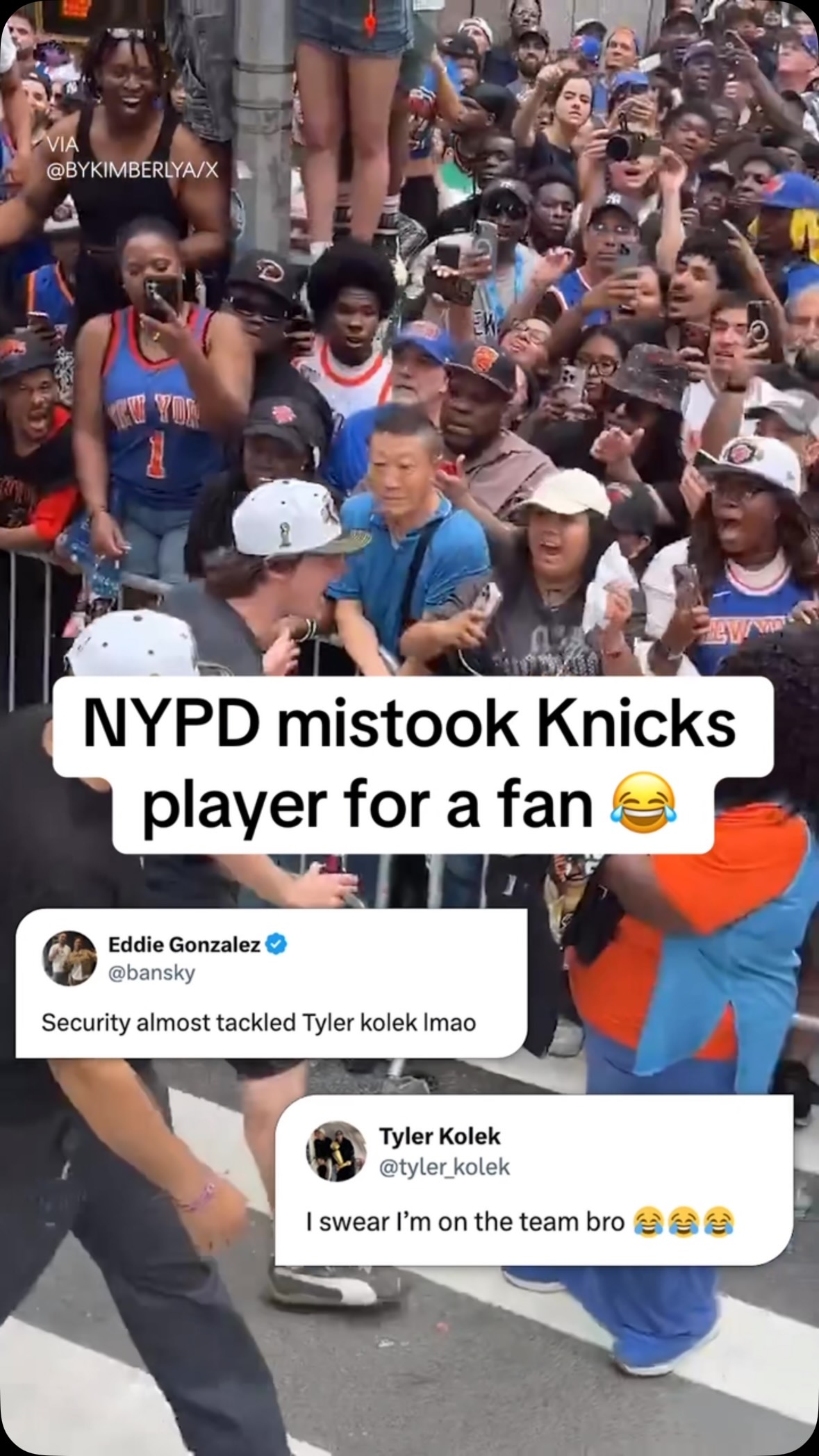 Tyler Kolek wasn’t recognized by security during Knicks’ championship parade 😅

(via @kimberleymartin)