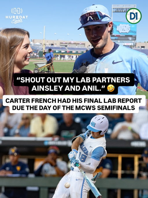 North Carolina’s Carter French gives a shoutout to his lab partners Ainsley and Anil for turning in their lab report on time while he’s playing in the College World Series. 🤣

French is majoring in biology and aims to become a doctor.