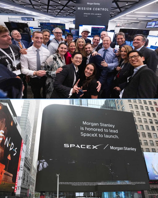 Some moments stay with you. A look back at the extraordinary team behind a milestone achievement.

Morgan Stanley was honored to support SpaceX team through its IPO, serving as joint lead bookrunner and hosting the opening of trading in our offices last week as sole stabilization agent.