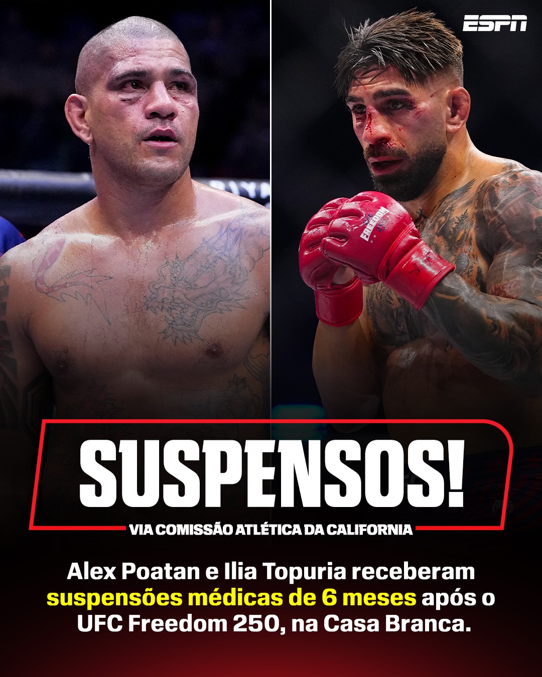 A comissão atlética da California anunciou que Alex 'Poatan' Pereira e Ilia Topuria receberam suspensões médicas de 6 meses, após o UFC Freedom 250, na Casa Branca. O procedimento ocorre quando há a necessidade de que o atleta se recupere de lesões, antes de entrar no octógono novamente.

Para competirem mais cedo, os lutadores precisam de uma autorização médica constando que estão seguros de suas devidas lesões.

#ESPNKnockOut #UFC #MMA #AlexPereira #IliaTopuria
