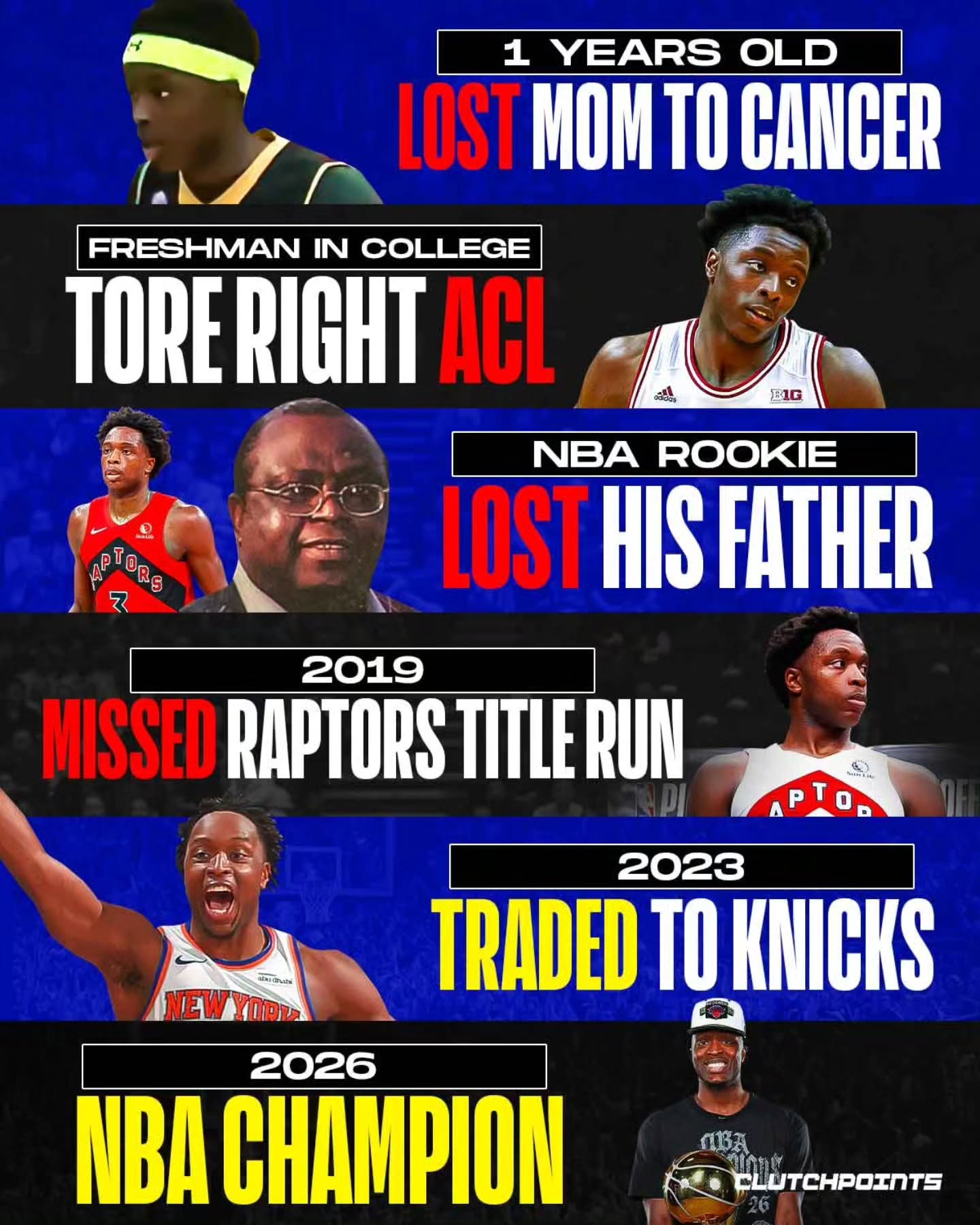 Not even Spike Lee could make a movie that's more inspiring than OG Anunoby's life story.

Born in the UK, Anunoby lost his mom to cancer a year after he was born.

His family moved to Missouri, USA when he was 4 since his father got a job at Lincoln University.

Growing up, Anunoby initially played football to follow in his brother's footsteps.

By the time he was 8, he shifted to basketball because of his height. 

He wasn't heavily recruited coming out of high school.

His college coach at Indiana Tom Crean even admitted that he only found out about OG because they saw him at a tournament while scouting another player.

At Indiana, he came off the bench his freshman season.

He was finally named a starter as a sophomore, but after 16 games he tore his ACL.

Despite the injury, OG still declared for the 2017 NBA draft and was taken by the Raptors with the 23rd pick.

Just as OG finally got his big break, his father passed away a year later.

When the Raptors won the title in 2019, he had to watch it all unfold from the sidelines as he had to miss the entire postseason due to an emergency appendectomy.

But just as he always has, OG never used his setbacks as an excuse. 

He was traded to the Knicks in 2023 and secured the bag with a five-year, $212.5 million contract in the offseason.

2 years later, he's an NBA champion and a New York hero. 

For everything life threw at him, OG Anunoby could've easily folded.

But instead of breaking, he built himself into a champion. 🏆