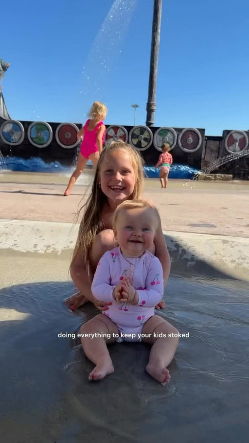 all this girl needs is a smoothie and a splash pad haha. Being a dad to three girls really has me thinking differently about what I feed them. Been loving @myserenitykids pouches because they keep Cherry full for longer with 5g protein and healthy fats! Go get some with my code TANNER for 20% off! #serenitykidspartner