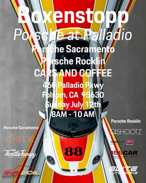 July 12th 

460 Palladio Way Folsom Ca

We’re excited to announce our next Cars & Coffee Boxenstopp a little early, so mark your calendars. 

This month’s gathering carries a special purpose, bringing our community together for a cause that means a great deal to us.

Great cars, great people, and an opportunity to support something bigger than ourselves. More details swipe right, save the date and get ready for another memorable morning with the Porsche community.

COFFEE BEING SERVED BY THE ONE AND ONLY @chloe.caphe @charley.phung 

☕️ All proceeds will be donated!!

ALL CARS ARE WELCOME ❤️

#Boxenstopp #CarsAndCoffee #PorscheCommunity