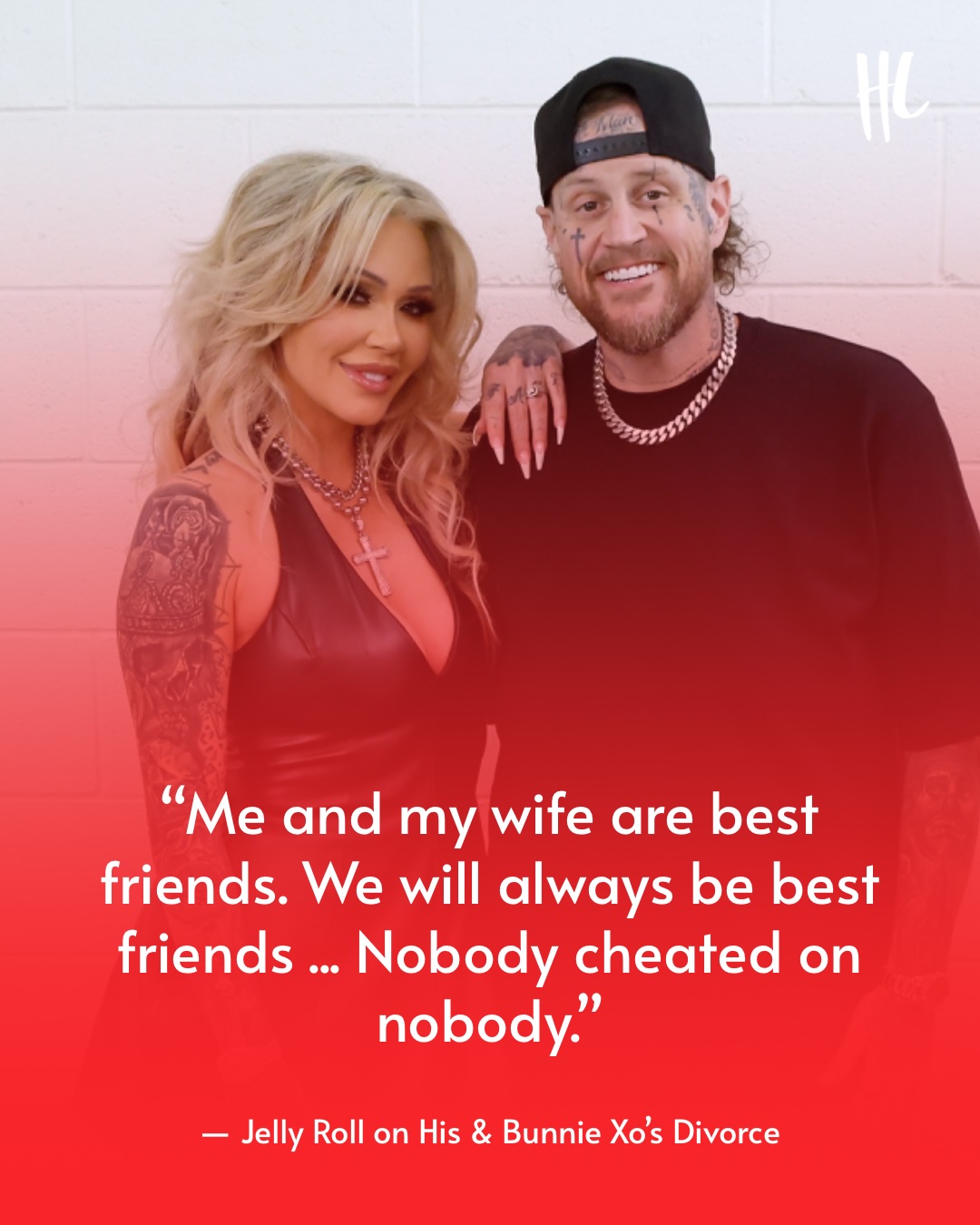 Jelly Roll and Bunnie Xo have broken their silence on their divorce, which shocked fans earlier this week. During a recent appearance in Saratoga Springs, New York, the "Son of a Sinner" artist insisted that "nobody cheated on nobody" before they split for good. 

"Me and my wife are best friends. We will always be best friends," Jelly Roll told the crowd tonight. "That will be my best friend forever. This is the only time I will ever speak about it. Bunnie, I love you, baby." (📸: Getty Images)