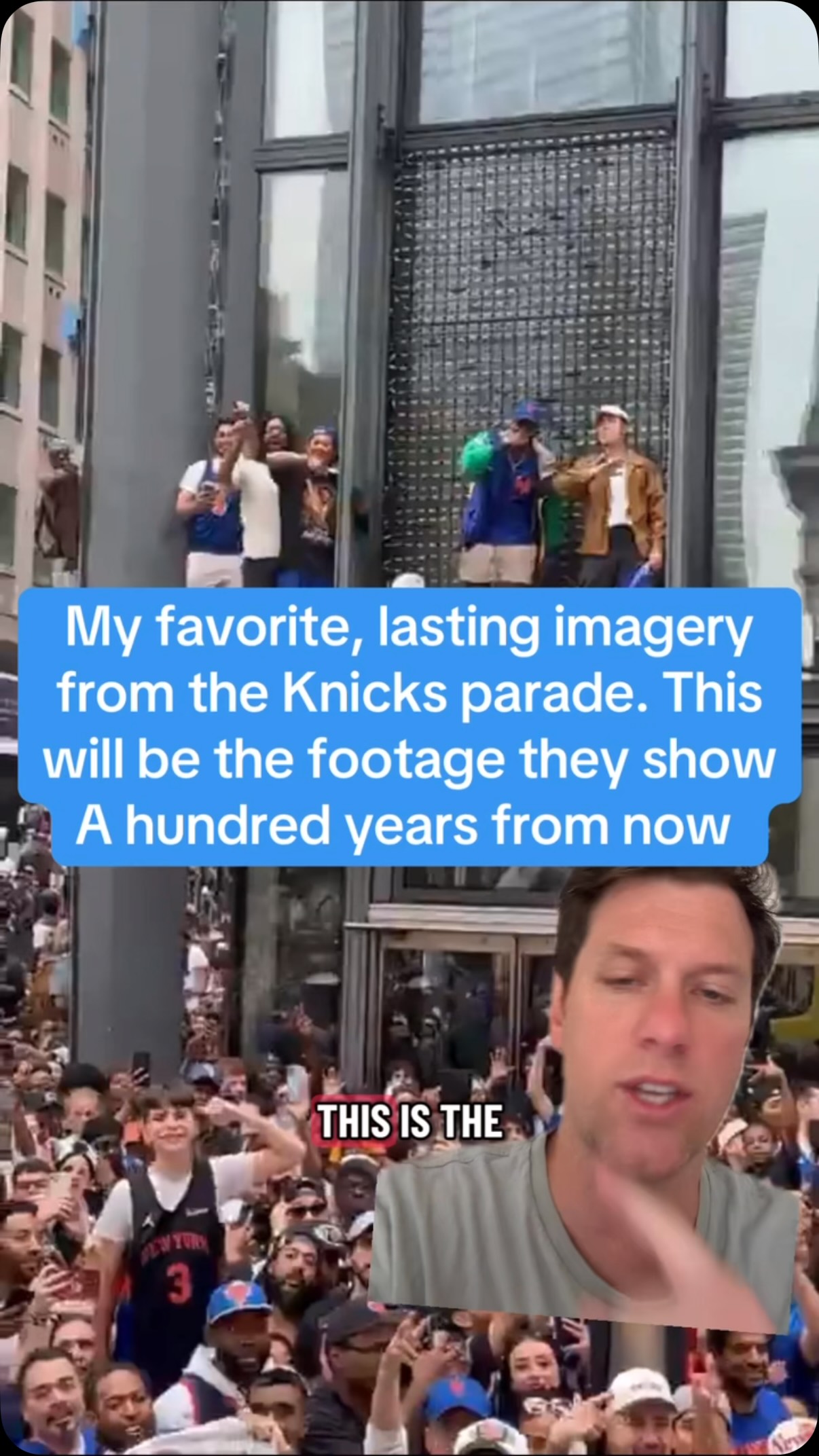 This is my favorite imagery from the Knicks parade. This is the 2026 version of old black and white videos from a hundred years ago in NYC. This footage will be shown as like a historical account of what NYC turned into because Jalen Brunson and the boys brought home the Larry.

When I saw this footage I said, THIS is what we were talking about all those years when we tried to woo LeBron and KD. This was the sale - we are a dumpster fire franchise but if you’re the one who turns it around you will receive untold glory.

So I wondered if LeBron and KD and every big free agent that ever passed on the Knicks saw scenes like this and had any regrets. But then I realized no, they don’t. Bc those guys dgaf and wanted money and super teams and dynasties. They never appreciated what could have been and prob don’t care what it became.

And I can’t even blame them. It is a HUGE risk for a super star to potentially waste their prime dealing with Dolan. So I realized this was the only way this would happen. It had to be a collection of underdogs and misfits and outcasts proving themselves to the world. There was only one dr strange permutation where THIS could unfold and it was with JB, Hart, KAT, OG, Mikal, Alvarado etc