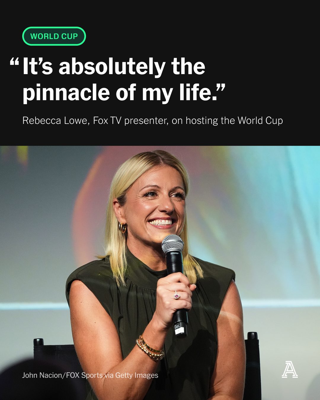 Over the past 13 years, Rebecca Lowe has become the trusted and authoritative voice of NBC’s Premier League coverage.

This, however, is her first men’s World Cup as a host.

“I’m so terrified of ever being casual, complacent or too confident in this role. This industry can just chew up and spit you out at any point. But if you said to me I’d be hosting the World Cup when we landed on these shores nearly 13 years ago, I’d have been shocked.”