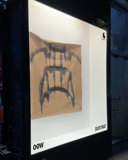 SuckyBat (@suckybat) 🦇 now on view for OOW® / Carhartt WIP Exhibition Series. 

Canvas on display at OOW® Chinatown, 291 Grand St, NY. June 18th - June 24th. Oil based paint on 60” x 60” Carhartt WIP Dearborn Canvas. Distressed in the streets of New York City.

Jacket on display at OOW® Tribeca, 184 Franklin St, NY. June 18th - June 24th. Spray paint, water based roller paint on Carhartt WIP Detroit Jacket.