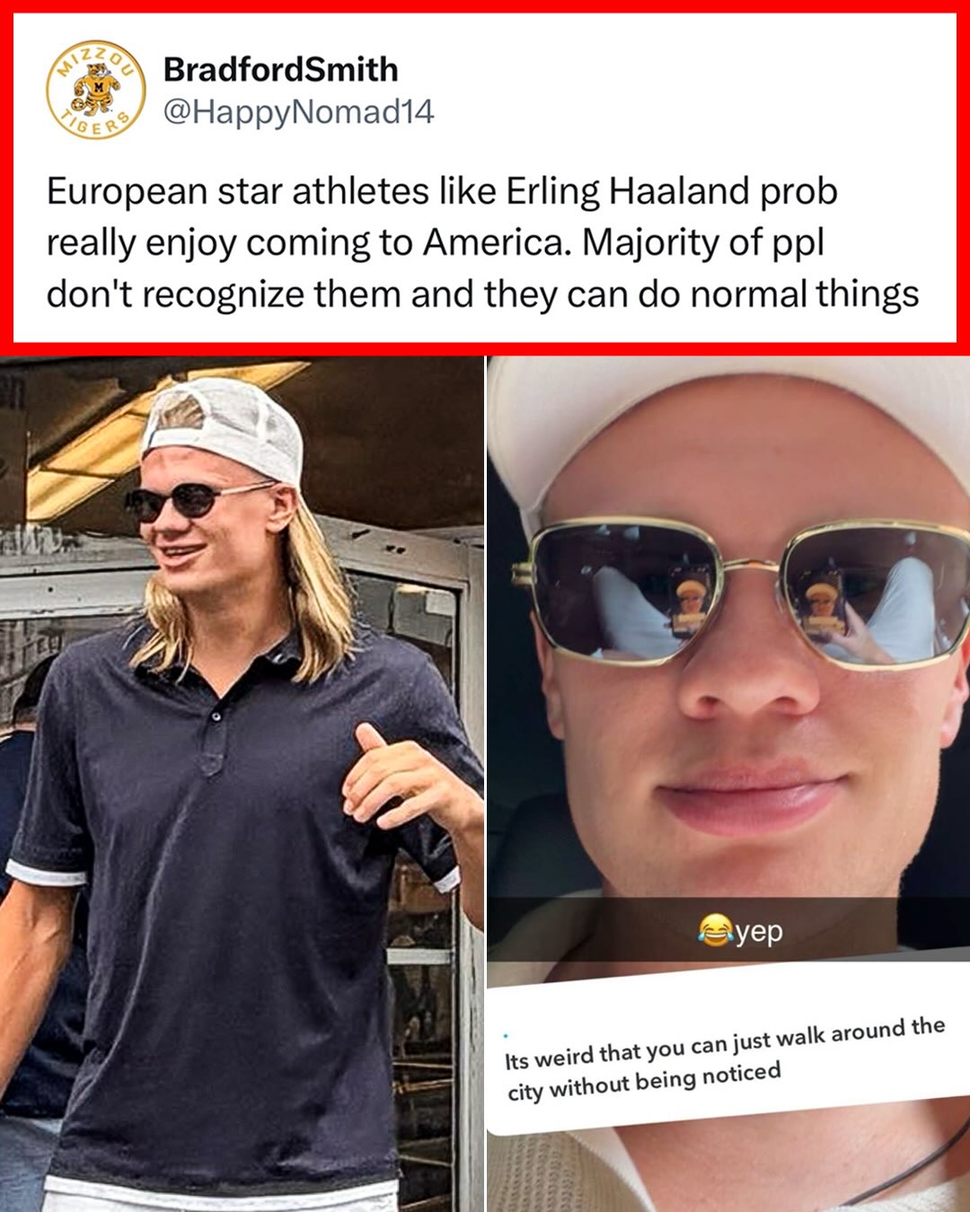 Erling Haaland was pleasantly surprised that he was able to go sightseeing in NYC without being recognized by fans 😂

(via @erling, h/t HappyNomad14/X, betogutlop/X)