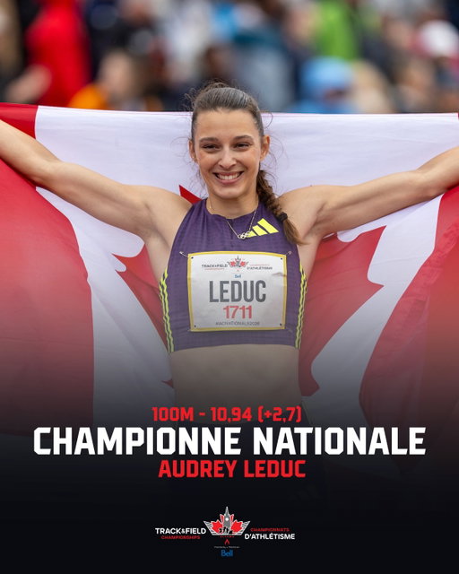 𝗟’𝗘́𝗖𝗟𝗔𝗜𝗥 𝗟𝗘𝗗𝗨𝗖 𝗙𝗥𝗔𝗣𝗣𝗘 𝗘𝗡𝗖𝗢𝗥𝗘 ⚡

Audrey Leduc remporte une autre fois le titre canadien du 100 m présenté par Bell, franchissant la ligne d’arrivée en 10,94 (+2,7) grâce à une autre performance de haut niveau.

—

𝗟𝗜𝗚𝗛𝗧𝗡𝗜𝗡𝗚 𝗟𝗘𝗗𝗨𝗖 𝗦𝗧𝗥𝗜𝗞𝗘𝗦 𝗔𝗚𝗔𝗜𝗡 ⚡

Audrey Leduc storms to another Canadian 100m title presented by Bell, delivering yet another top-class sprint performance and crossing the line in 10.94 (+2.7).
