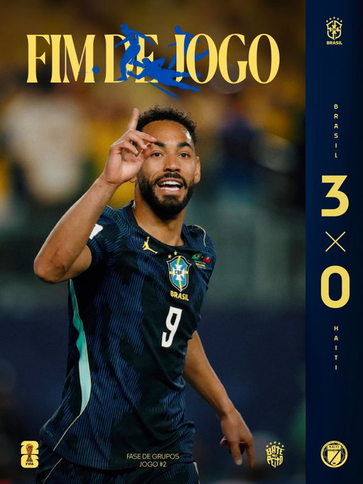 FIM DE JOGO NA FILADÉLFIA!

🇧🇷3-0🇭🇹

⚽️ Cunha
⚽️ Cunha
⚽️ Vini Jr

TRÊS PONTOS PARA O BRASIL! 🇧🇷🏆

A Seleção Brasileira vence o Haiti e segue firme na busca pela classificação às oitavas de final da Copa do Mundo FIFA 2026.

Próximo desafio: Escócia, na quarta-feira (24), pela última rodada da fase de grupos.

#BateNoPeito

ISSO É BRASIL! 🇧🇷