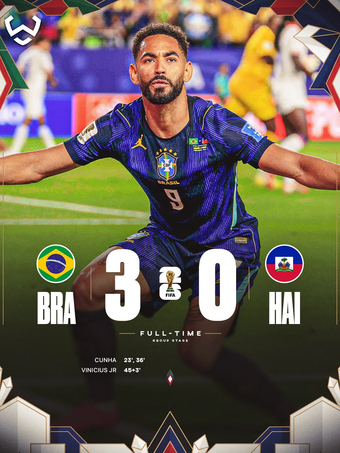 Brazil cruise to a 3-0 win over Haiti and currently sit top of their group on goal difference 🇧🇷🤩

Matheus Cunha scored twice, Vinícius Júnior added another, and Endrick made his World Cup debut. ✨