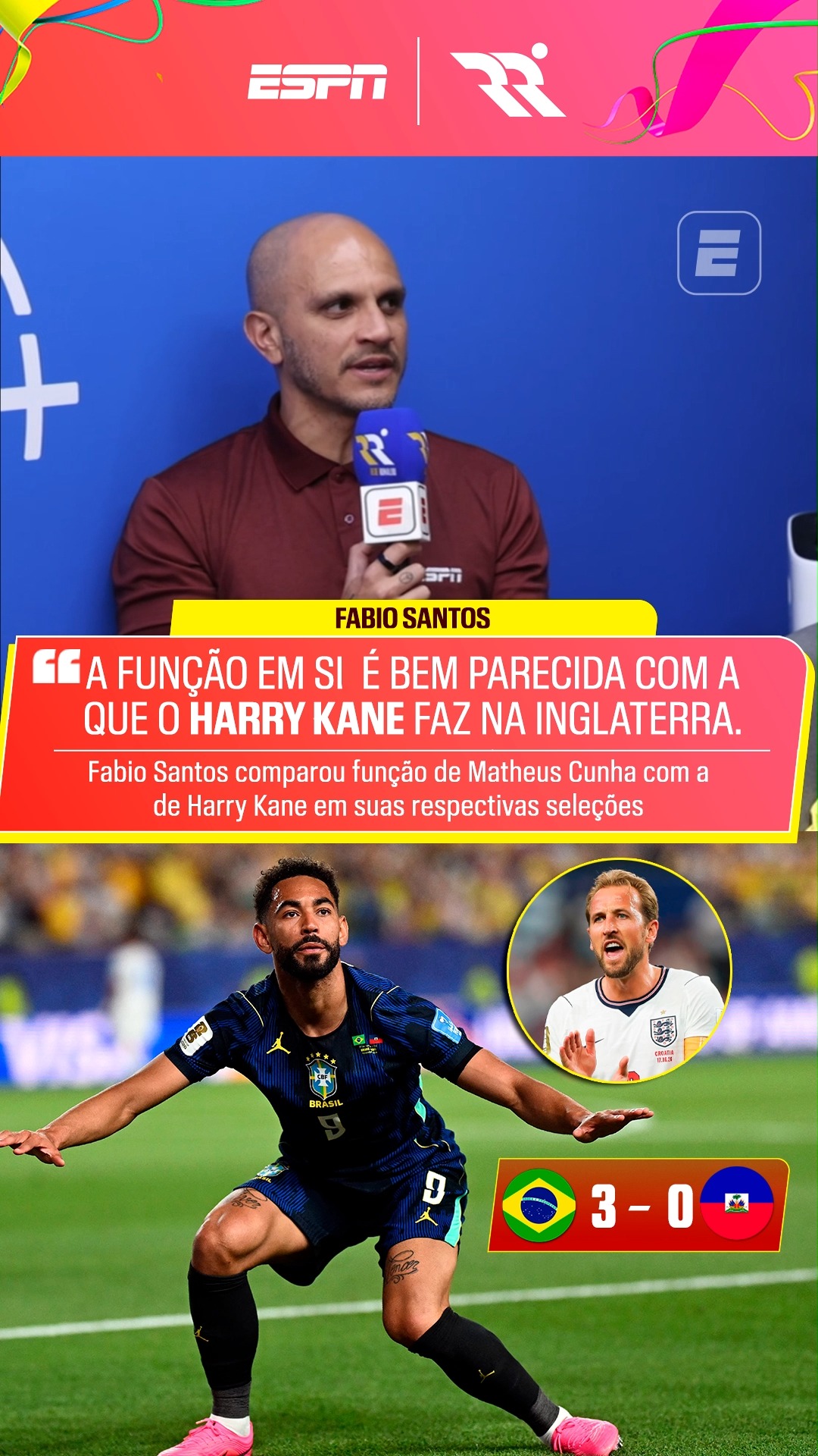 Após a vitória por 3 a 0 do Brasil sobre o Haiti com dois gols de Matheus Cunha, Fabio Santos comparou as funções do camisa 9 do Brasil às de Harry Kane, da Inglaterra. O craque pontuou que leva em consideração os contextos de ambos os atletas.

Assista ao Resenha da Copa, pela ESPN no Plano Premium do #DisneyPlus!

#ESPN2026 #FIFAWorldCup