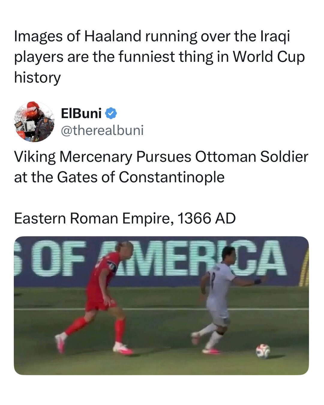 Haaland really logged on as a final boss and Iraq got written into a history textbook 😭

The clip is from Norway's 4 to 1 win over Iraq at the 2026 World Cup, where Erling Haaland bullied his way past defender after defender like they personally owed him money. He scored twice for his first ever World Cup goals, and the internet immediately reframed the footage as a viking mercenary chasing an Ottoman soldier through the gates of Constantinople. The red kit, the blond hair, and the sheer size difference did the rest.
That is what makes the joke land so hard. In these stills Haaland does not look like a footballer, he looks like he is personally invading something. Sometimes a player is so physically absurd that the only accurate caption is a fake medieval painting, and honestly that meme might describe him better than any match report could.