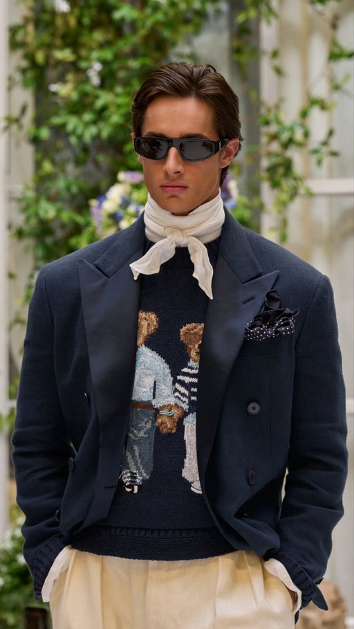 Tailored #PoloRaphLauren clothing shifts to more relaxed silhouettes and fluid drapes. 

Wider, unconstructed ties evoke Edwardian romance, styled with vibrant shirting, refined ruffles, and layered denim or patchwork to push classic boundaries.

#RalphLaurenSpring27 #MilanFashionWeek #PoloRLStyle