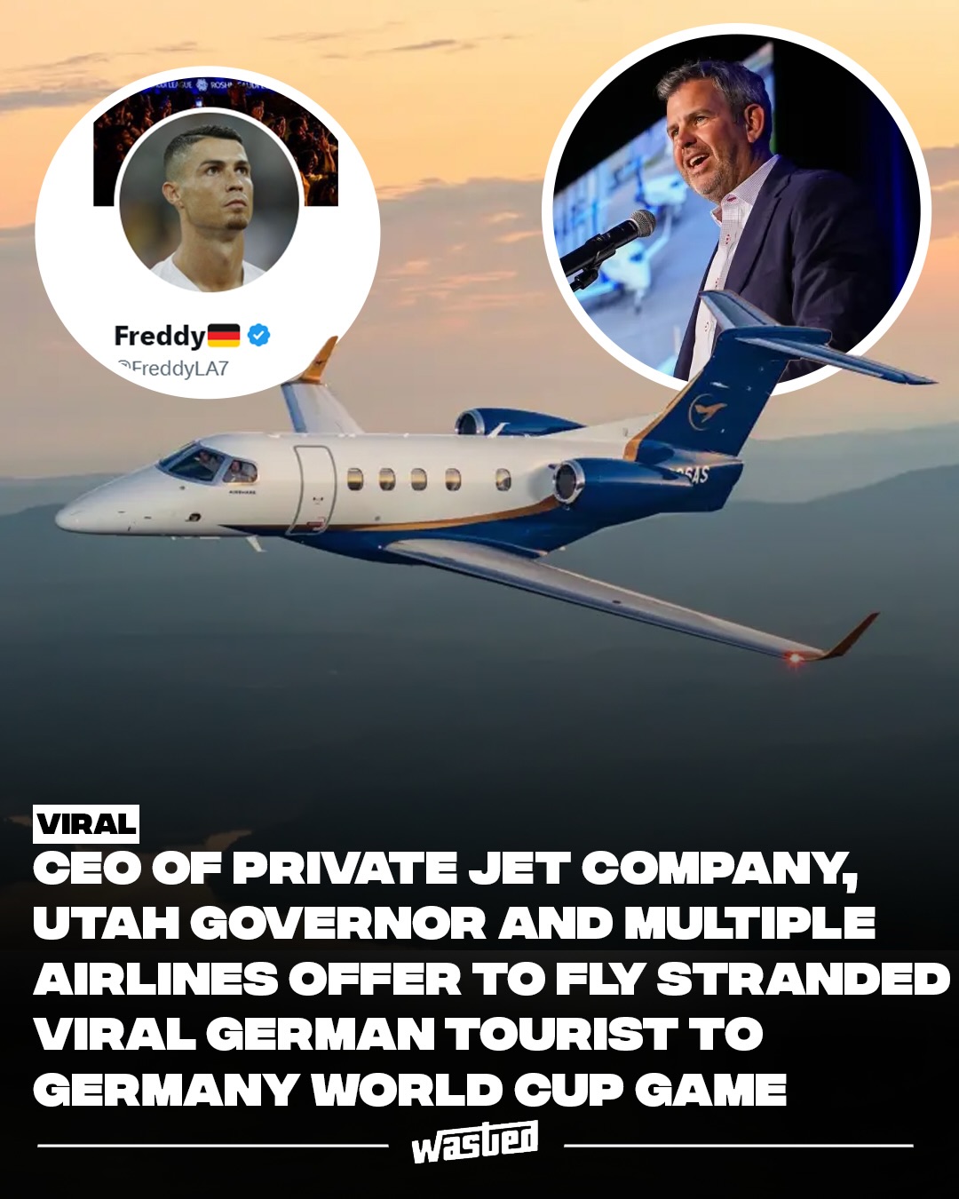 A German tourist's World Cup road trip has turned into one of the feel-good viral stories of the tournament, to the point that a private jet CEO stepped in to make sure he didn't miss a match. Known online only as Freddy (FreddyLA7), with his face always hidden and a Cristiano Ronaldo profile picture, he and two friends flew over from Germany for a six-week journey across the US and Canada following their national team, posting wide-eyed reactions to Waffle House, Buc-ee's, Walmart, and alligators that have racked up millions of views.

When a canceled flight left Freddy stranded in Oklahoma City and at risk of missing Germany's group-stage game against Ivory Coast in Toronto, AirShare CEO John Owen slid into his replies: "Stay there. We'll take you direct to Toronto on the jet in the morning."

The jet is just the latest gift in a trip that has snowballed into a national hospitality contest. NFL great J.J. Watt put the crew up in a Houston hotel, Hilton offered complimentary stays, Ford reached out, and governors including Alabama's Kay Ivey and Florida's Ron DeSantis publicly welcomed him. Germany, meanwhile, opened with a 7-1 rout of Curaçao.

Sources: Yahoo Sports, On3, Newsweek.