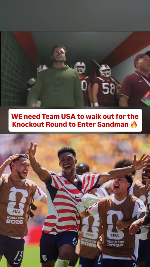Team USA needs to walk out to Enter Sandman 🇺🇸

After punching their ticket to the knockout stage with a 2-0 win over Australia, Team USA celebrated by singing “Take Me Home, Country Roads” with the fans in the crowd.

The moment sparked a conversation online about whether Team USA needs its own tradition, hype song, or rallying cry before matches.

One popular vote?

Enter Sandman, mirroring Virginia Tech Football’s signature pre-game tradition.

Few traditions in sports can match what happens in Blacksburg when Metallica starts playing and Lane Stadium begins shaking.

 The song has become synonymous with energy, confidence, and one of the most intimidating entrances in all of sports.

It also fits this Team USA squad perfectly.

This isn’t the passive American team that soccer fans grew up watching. 

This group has attacked opponents, played aggressively, and secured a spot in the knockout stage after just two matches.

The U.S. hasn’t won Group D just yet, but the victory means they need only a draw in Thursday’s match with Türkiye to make sure of topping group D and sending themselves to Santa Clara for a favorable round-of-32 match against a third-place team.

The win also marked the first time the American men have won back-to-back World Cup matches. 

Imagine Team USA walking onto the pitch with Enter Sandman blasting through the stadium before a knockout-round match.

Would Enter Sandman be the perfect hype song for Team USA? 🤔

Attribution via: “A University of Houston Fan” on X

#collegefootball #cfb #teamusa #worldcup2026