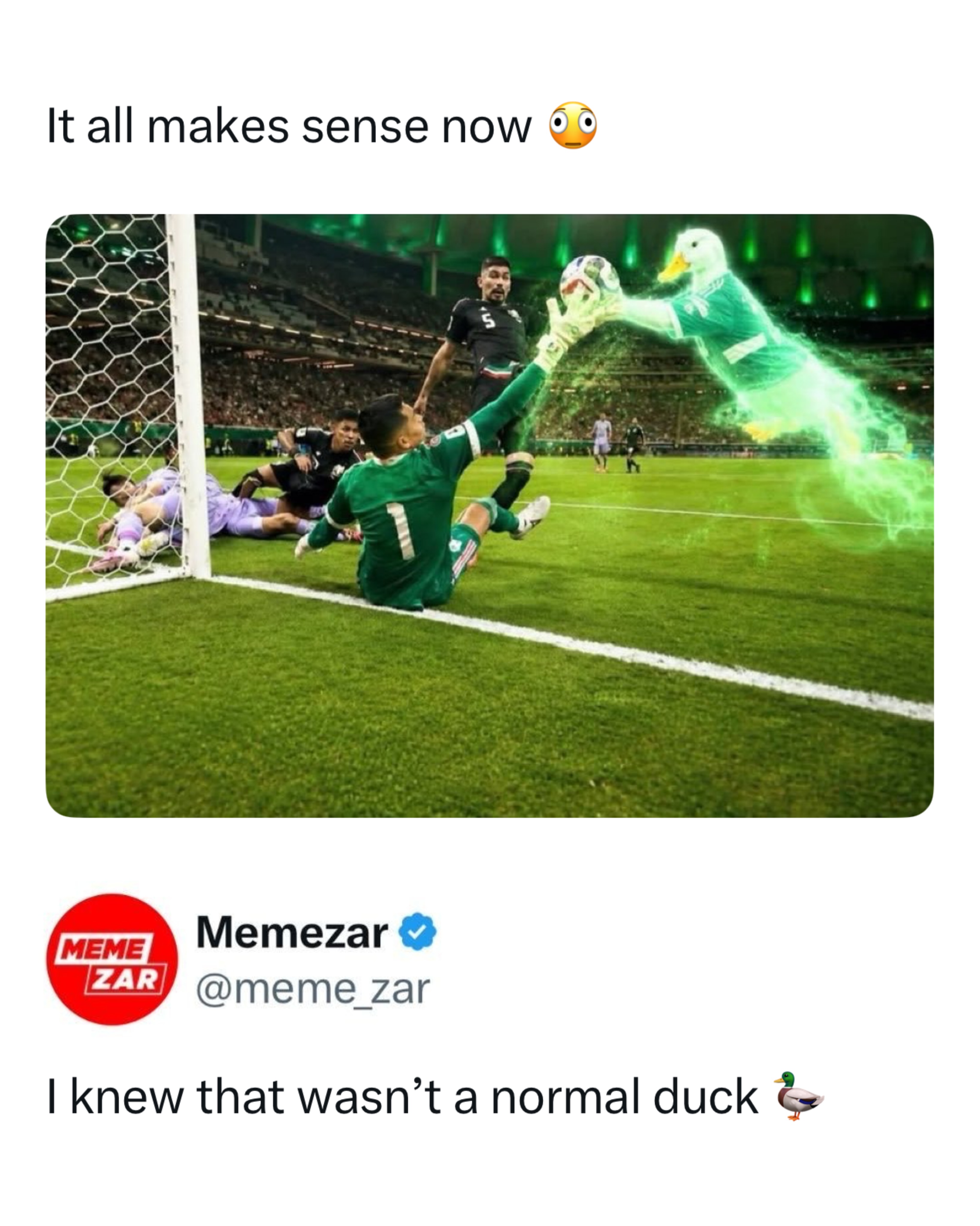 Mexico’s goalkeeper owes this duck a lifetime contract 🦆😭

(🎥: @wereallprimos @chris.sutton9)

Merlín la Pata has somehow become one of the breakout stars of the 2026 World Cup, showing up everywhere in Mexico and collecting fans faster than some national teams. The duck has been spotted at matches, fan zones, and celebrations, turning into an unofficial mascot of the tournament.

After seeing the saves Mexico’s been pulling off, people are starting to wonder if Merlín isn’t just a lucky charm. At this point, the only logical explanation is that the duck has been secretly protecting the goal all along.