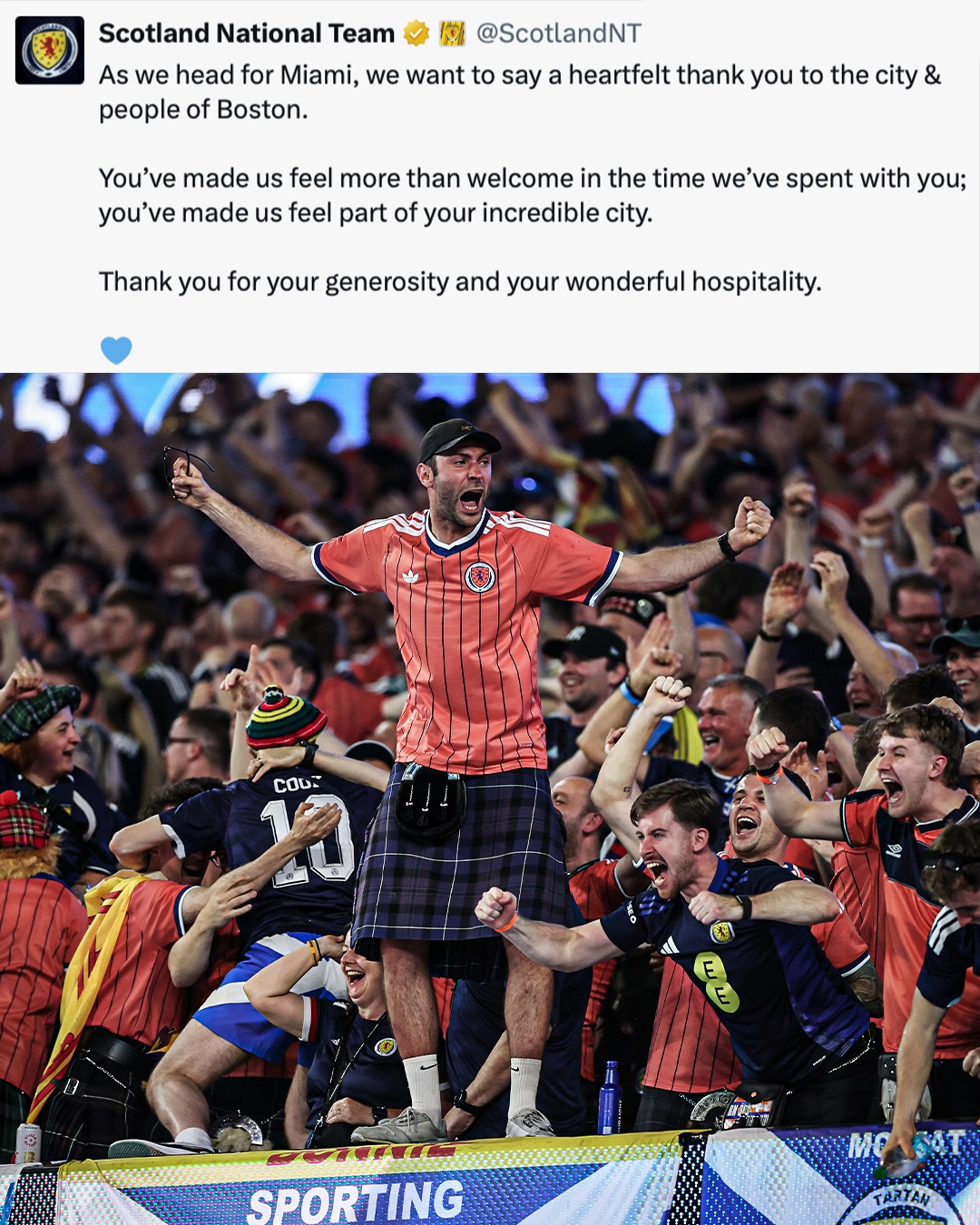 The magic of the World Cup ❤️💙

The Scottish national team posted this heartfelt thank you to the city and people of Boston for welcoming them 🥹🏴󠁧󠁢󠁳󠁣󠁴󠁿 (SWIPE FOR MORE) 

(via @jtackeff, @mlb, marcus_viniciosluz/IG, danpowell/TT, BostonPolice/X, Calbell0/X, abhishaj/TT)
