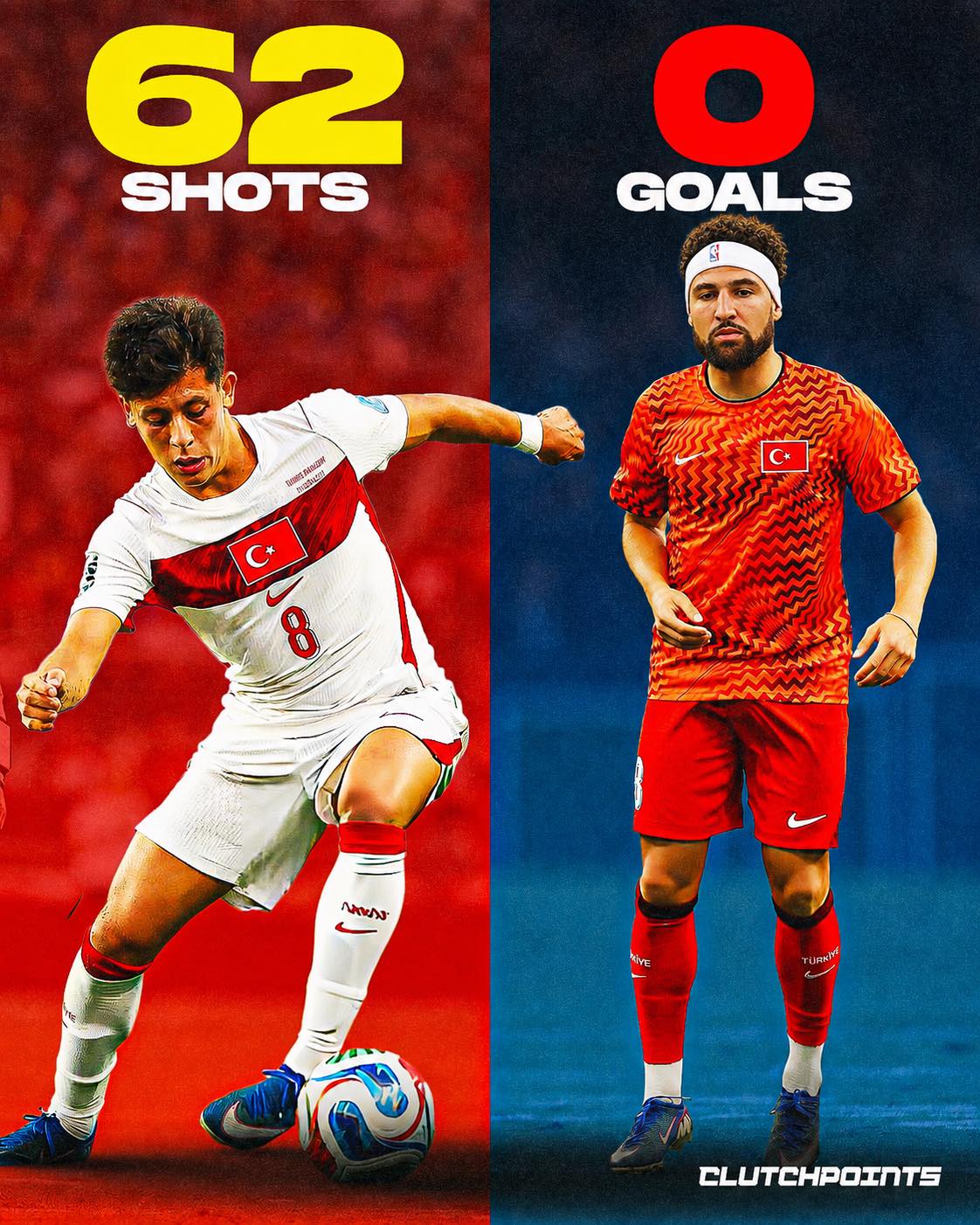 Turkey just had the soccer version of Klay Thompson’s final game as a Warrior.

Remember when Klay went 0-for-10 against the Kings in Golden State’s season-ending Play-In loss? 

Now imagine that, but for an entire national team.

Turkey spent two World Cup matches creating chance after chance.

They dominated possession.

They kept firing.

And they kept missing.

🥅 62 shots
❌ 0 goals
❌ World Cup elimination

It’s basically the football version of watching every shot rim out.

The opportunities were there.

The looks were there.

The finish never came.

Just like Klay’s infamous 0-point, 0-for-10 night against Sacramento, Turkey’s World Cup run will be remembered for one brutal number:

0.