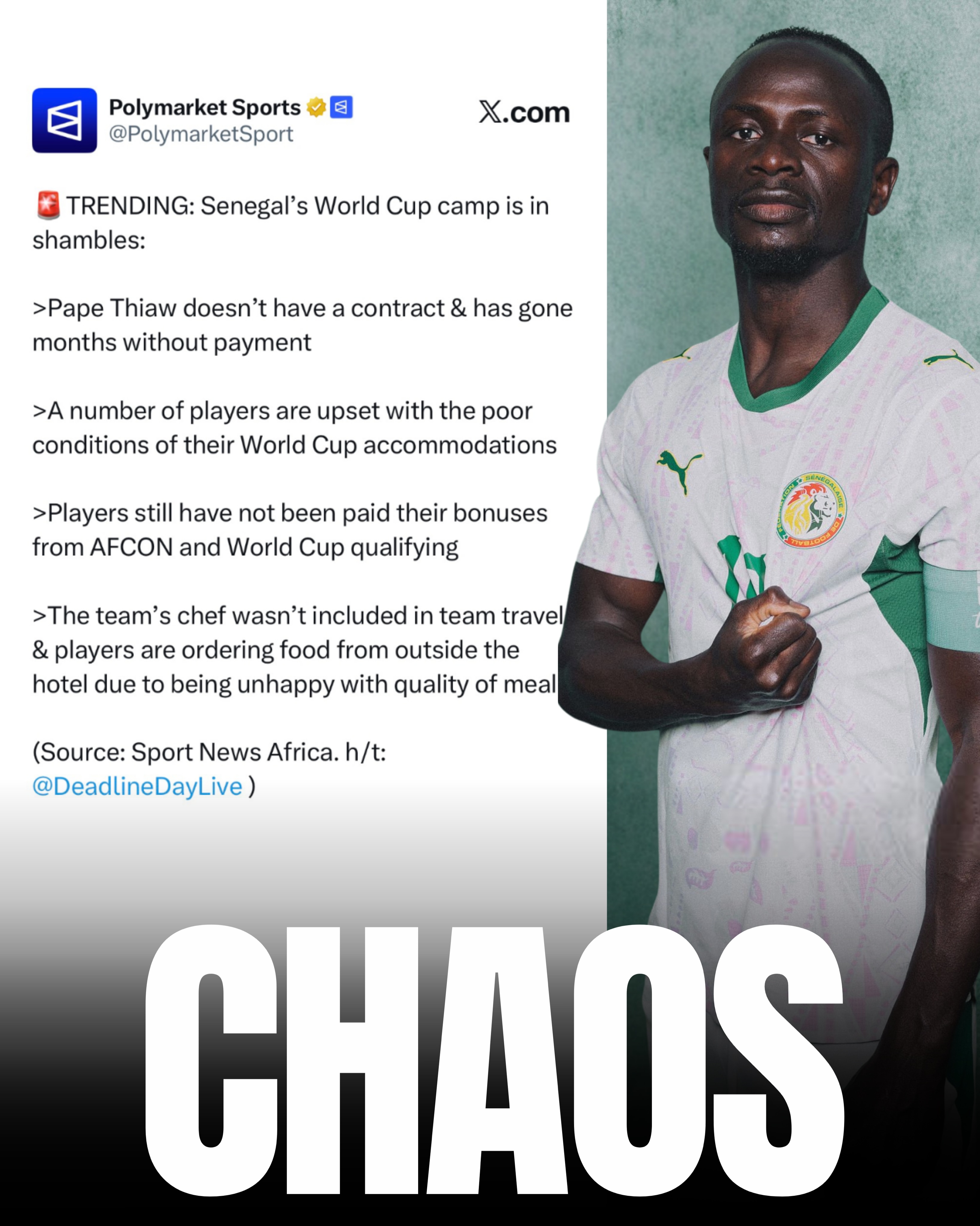 🚨🚨| BREAKING: Senegal’s World Cup camp is facing an 𝐈𝐍𝐓𝐄𝐑𝐍𝐀𝐋 𝐂𝐑𝐈𝐒𝐈𝐒. Multiple problems and dysfunctions are being reported within the squad:

→ Players’ bonuses still not paid

→ Chosen hotel deemed unworthy for a team of this level

→ Players ordering meals from outside due to catering insufficiency

→ National team’s head chef was not sent to the U.S.

→ Pape Thiaw is still without contract and salary for several months. @sportnewsafrica