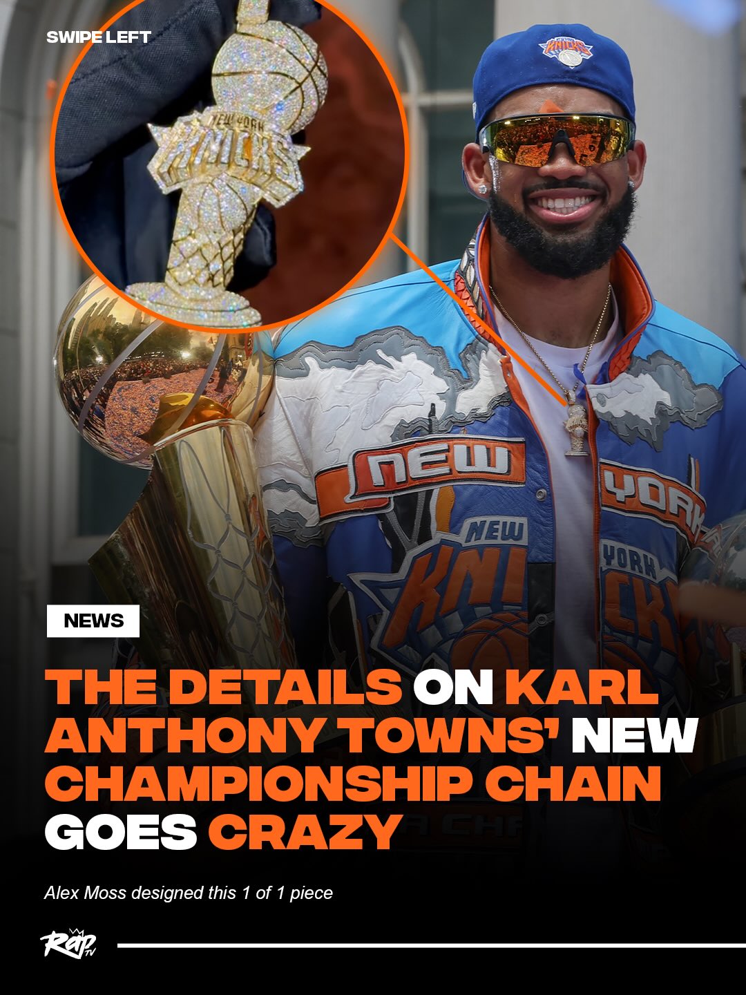 Let me get one of these too 🔥

Alex Moss designed the 1 of 1 New York Knicks championship chain that Karl Anthony Towns wore at the Knicks parade‼️🔥

Y’all rockin’ with his new piece⁉️🤔

via @alexmoss