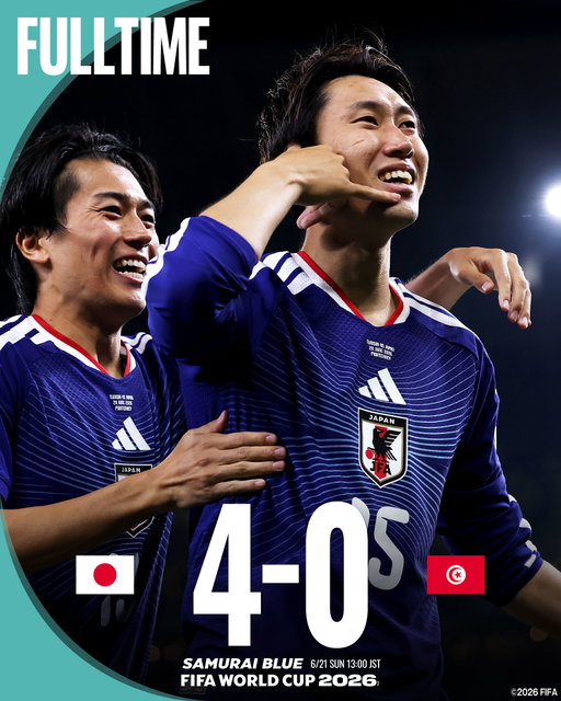 🔹試合終了🔹️

🏆FIFAワールドカップ2026™
⚔グループステージ第2節
🇯🇵SAMURAI BLUE 4-0 チュニジア代表🇹🇳

📺日本テレビ
📺NHK BS
📱DAZN

@fifaworldcup
#最高の景色を #SAMURAIBLUE