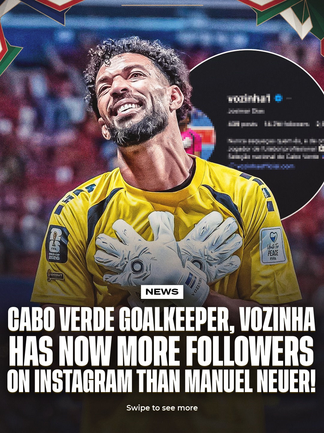 Cabo Verde goalkeeper Vozinha has really just surpassed Manuel Neuer in Instagram followers… 😮‍💨🇨🇻

After an insane performance against Spain that helped his nation secure a 0:0 draw against the European side, Vozinha started gaining massive popularity on social media, with people following him in huge numbers. Now, he has officially surpassed Manuel Neuer in Instagram followers! 🤯🔥

Insane stories are being written during this World Cup. Tim Payne first, Vozinha now. These are the things we love to see! ❤️🥹