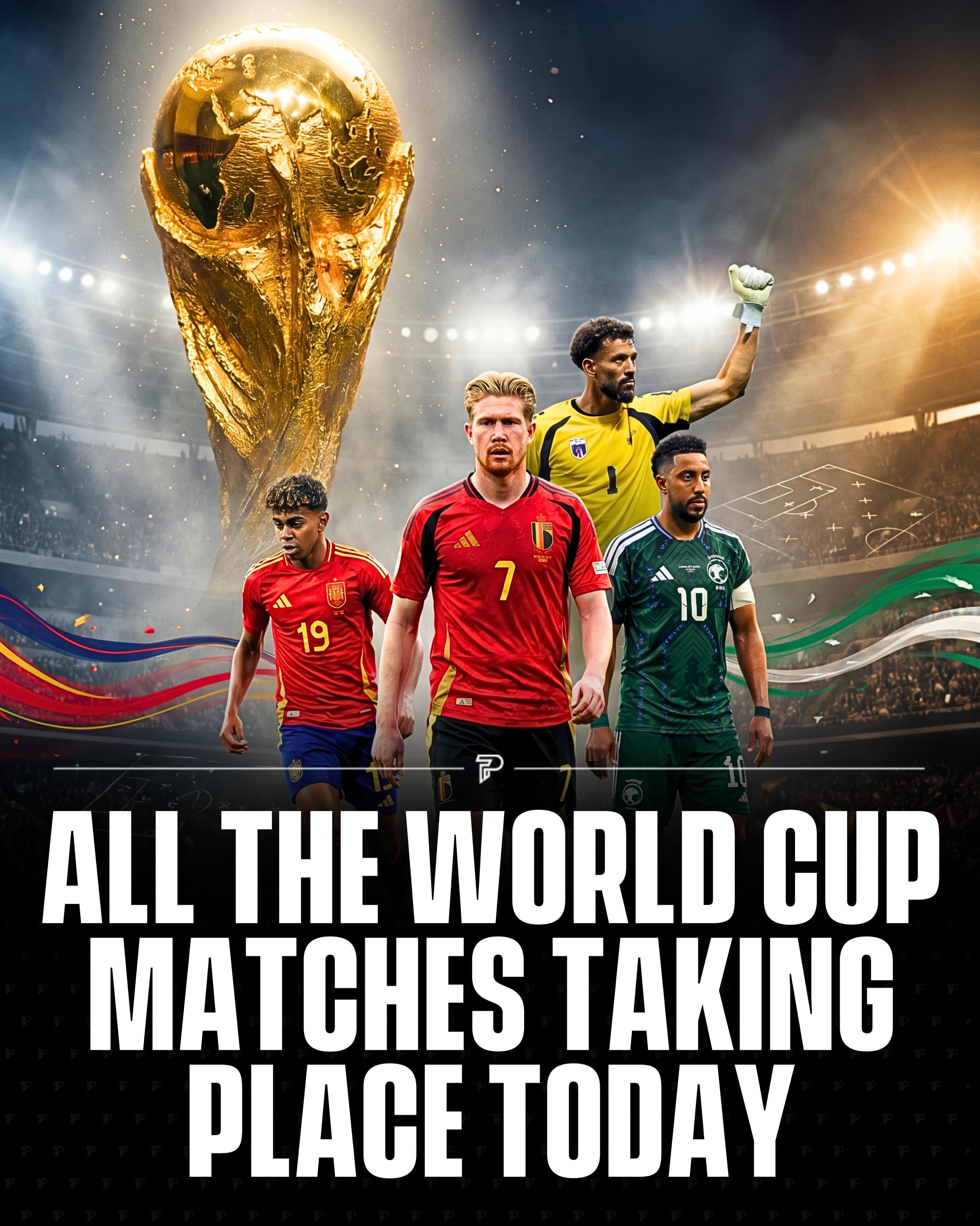 Today’s FIFA World Cup action features four group-stage matches across Groups G and H. Spain face Saudi Arabia in Atlanta, Belgium take on Iran in Los Angeles, Uruguay meet Cabo Verde in Miami, and New Zealand play Egypt in Vancouver. 

#Pubity #Viral #Sports