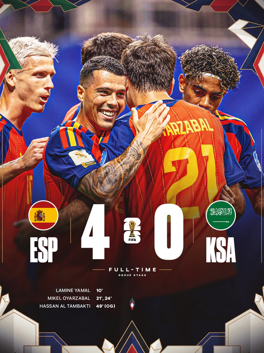 SPAIN JUST COMPLETELY DESTROYED SAUDI ARABIA IN AN INSANE GAME… 🤯🇪🇸

What a first half from Oyarzabal and Lamine Yamal! Their goals, alongside an own goal by Hassan Al Tambakti helped Spain secure a 4:0 victory over Saudi Arabia in their second 2026 World Cup match! 😮‍💨

A completely different side compared to the one that faced Cape Verde. 🔥

What are your thoughts after the game? 🤔