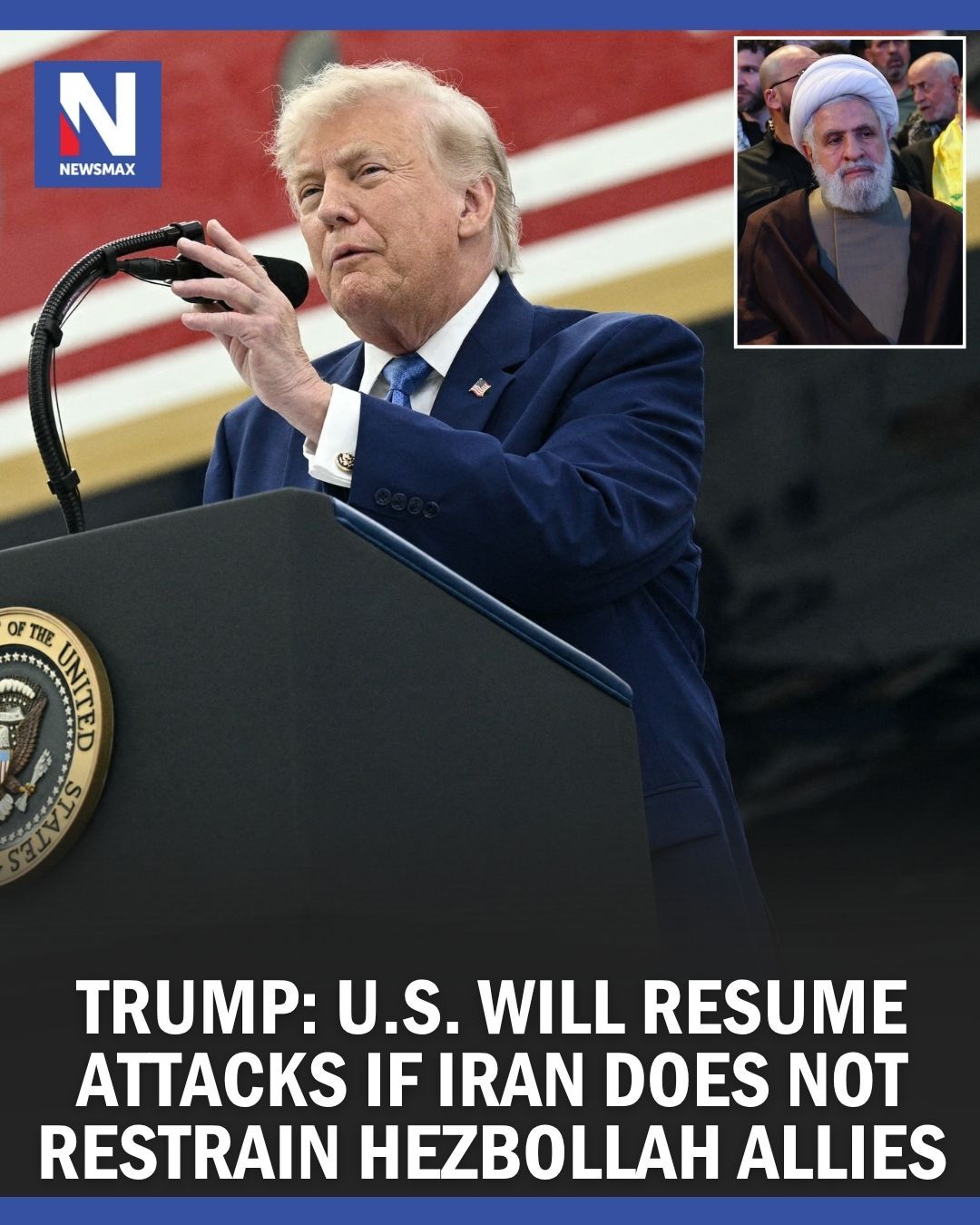President Donald Trump on Sunday posted that ‌the U.S. ​will resume attacks on ⁠Iran unless the ​Iranians can keep their ⁠Hezbollah allies in Lebanon from causing ‌violence. ⁣
⁣
"Iran ​must immediately stop ‌their ‌highly paid PROXIES in Lebanon from causing ⁠trouble," Trump ‌wrote ⁠on Truth ⁠Social. "If they ⁠don’t, we’ll hit Iran ‌very hard again, just like ‌we ​did last ‌week, only harder!!!"⁣
⁣
Vice President JD Vance and senior Iranian officials are set to formally launch negotiations on Sunday over Tehran’s nuclear program, building out the fragile interim deal to end the war in Iran and keeping the Strait of Hormuz open.⁣
⁣
For more info on this story, please visit the link in our bio or Newsmax.com.