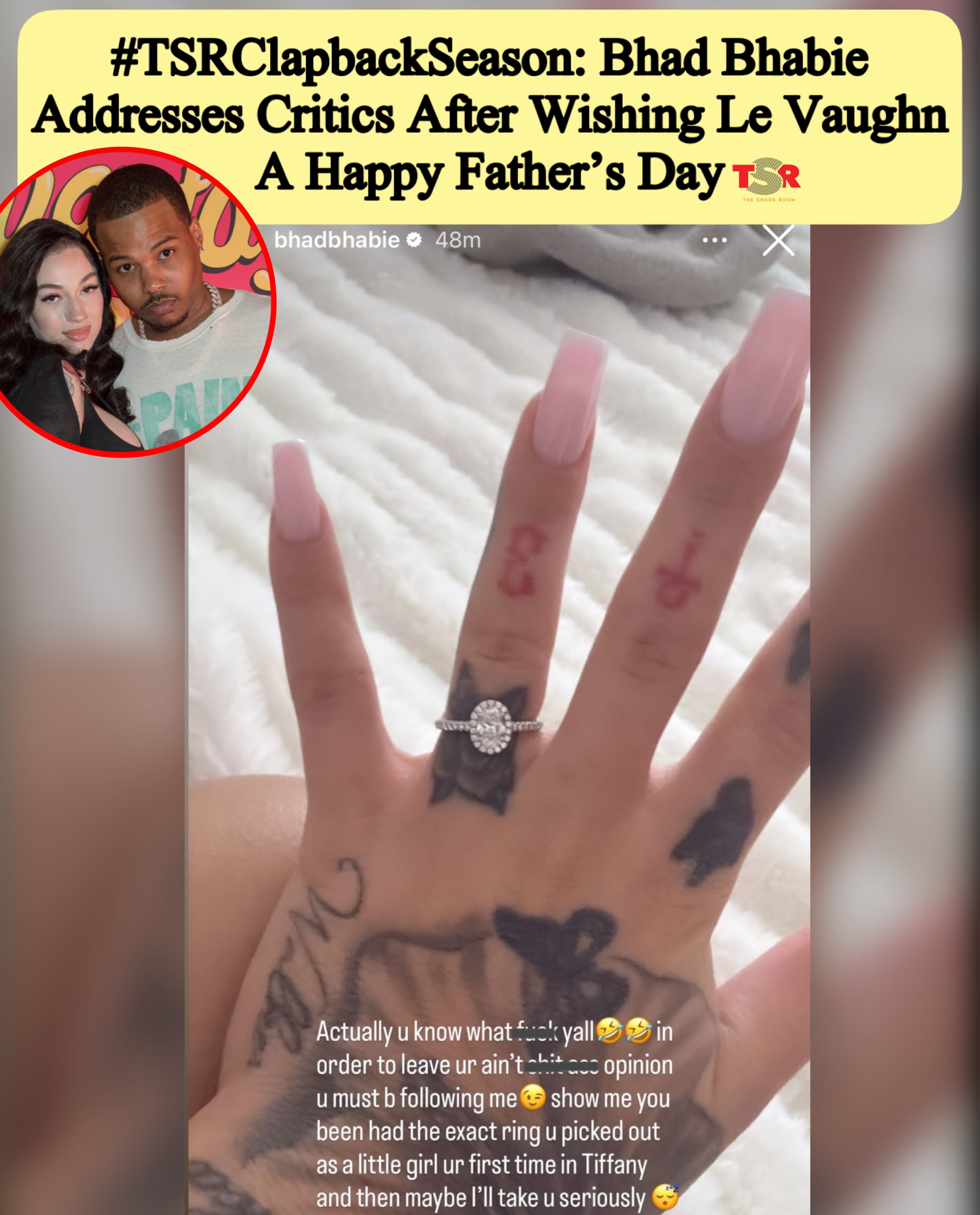 #TSRClapbackSeason: #BhadBhabie goes off after folks criticized her for telling her child’s father #LeVaughn Happy Father’s Day. (SWIPE) — (📸: @gettyimages) ✍🏾: #TSRStaffLG