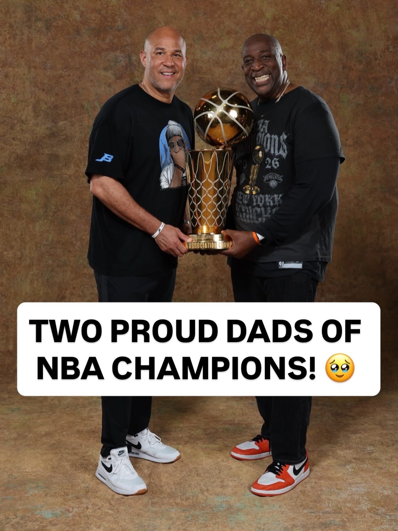 Rick Brunson and Karl Towns Sr. getting to celebrate their sons with the @nbafinalstrophy as the new 2026 NBA Champions! 🏆
