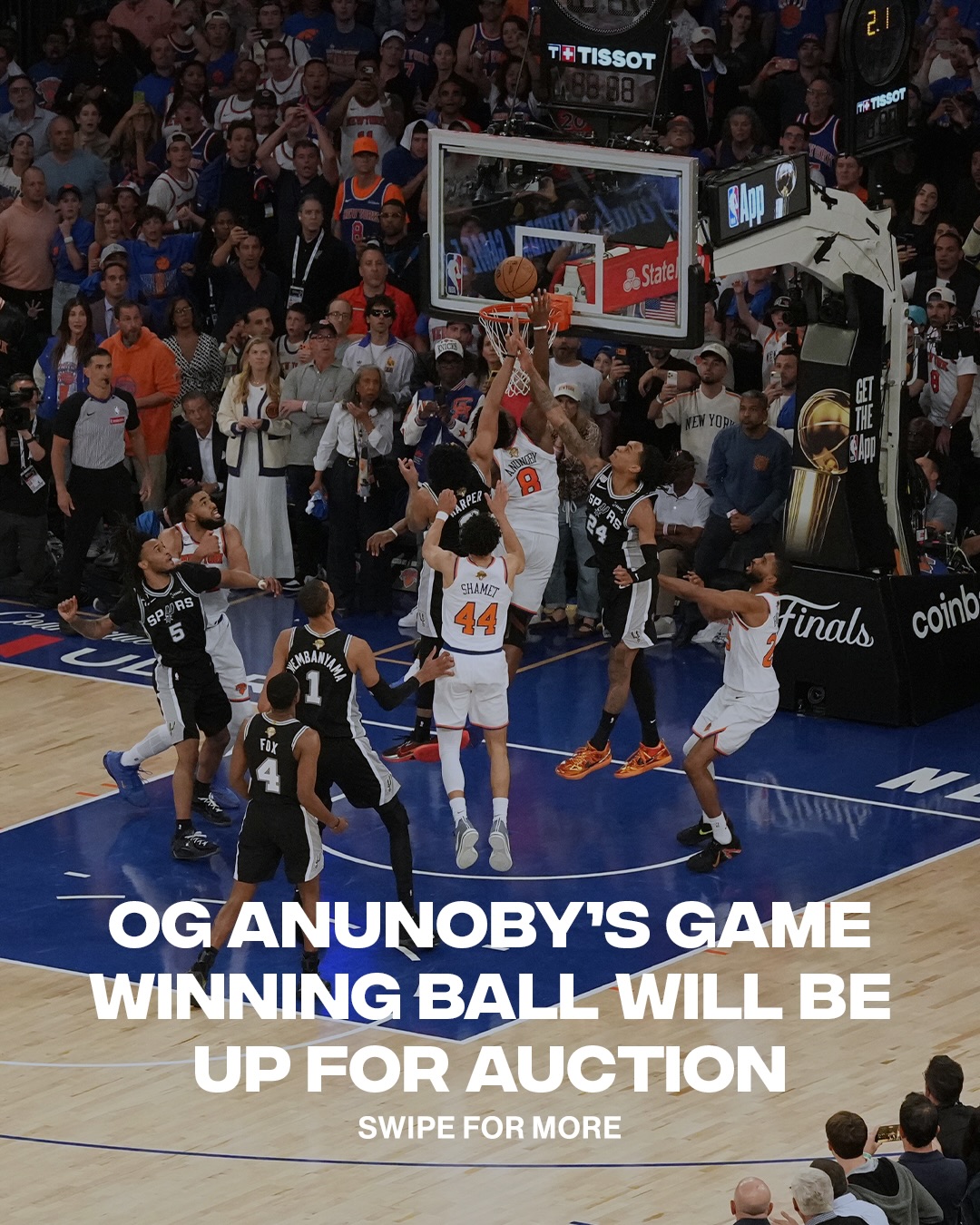 The basketball used for OG Anunoby’s game-winning tip-in in Game 4 of the 2026 NBA Finals is set to go up for auction at Sotheby’s on June 30. 

While Sotheby’s hasn’t released an official estimate, sports business analyst Darren Rovell believes the ball could sell for as much as $3 million once bidding begins. 

(📸: Getty, TMZ, Nypost)
