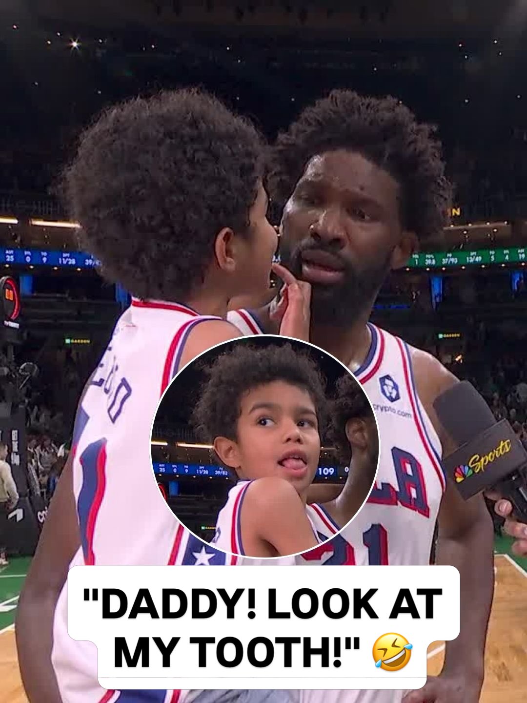 @joelembiid’s son showed off his loose tooth during a postgame interview, earlier this season! 😂 Happy Father’s Day, NBA fans!