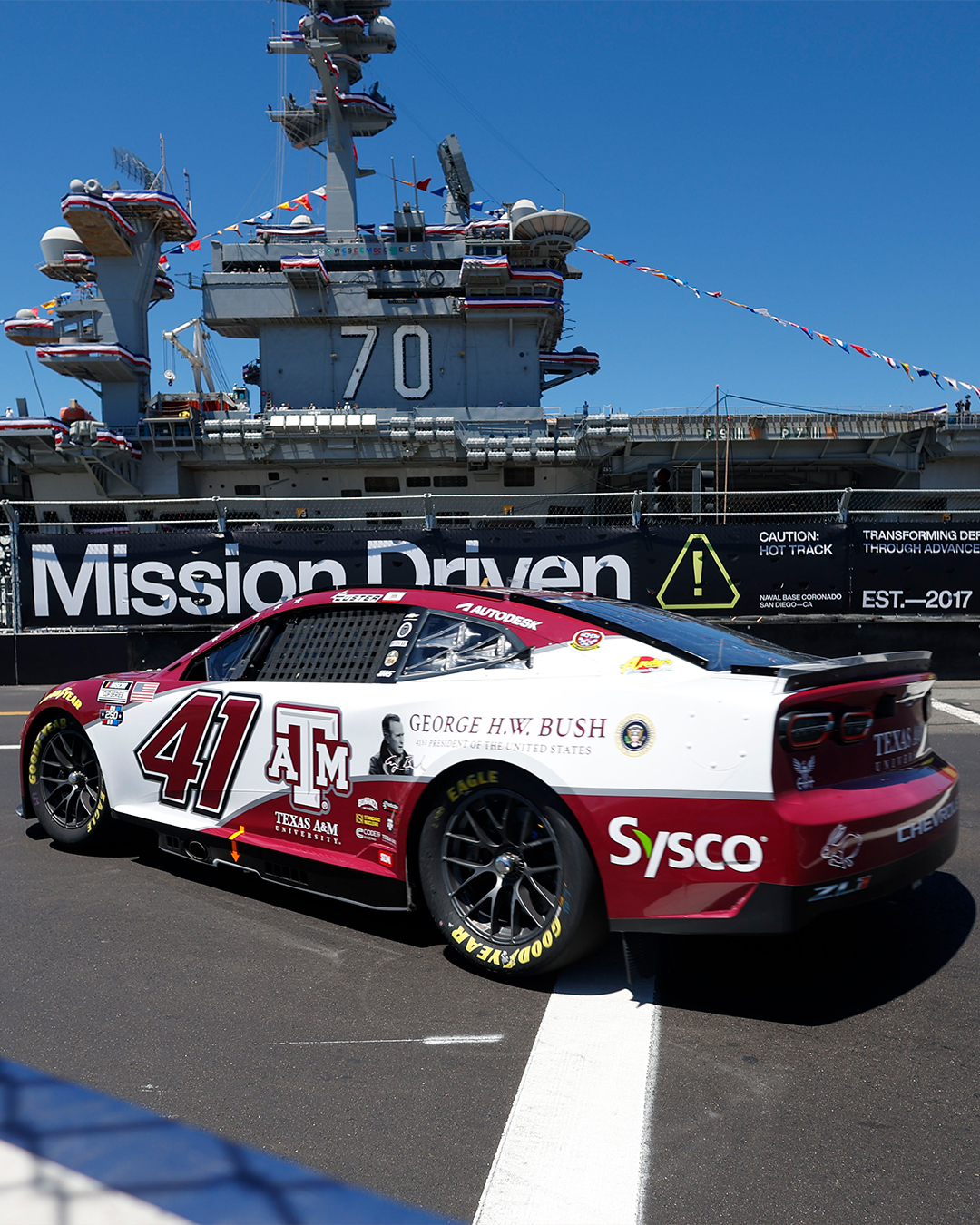 Honored to be carrying @tamu colors this weekend at Naval Base Coronado. The No. 41 Chevrolet Camaro ZL1 features a paint scheme honoring former President George H.W. Bush. 🇺🇸

@teamchevy | #tamu | @colecuster | #NASCAR