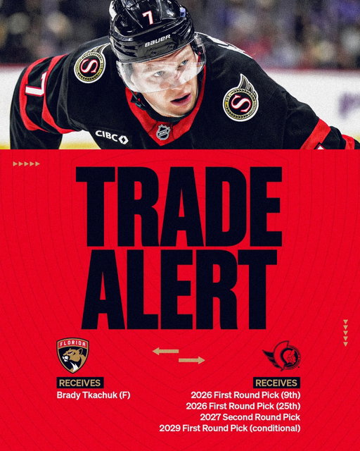 We have acquired forward Brady Tkachuk from the Ottawa Senators in exchange for three first-round draft selections and one second-round selection.