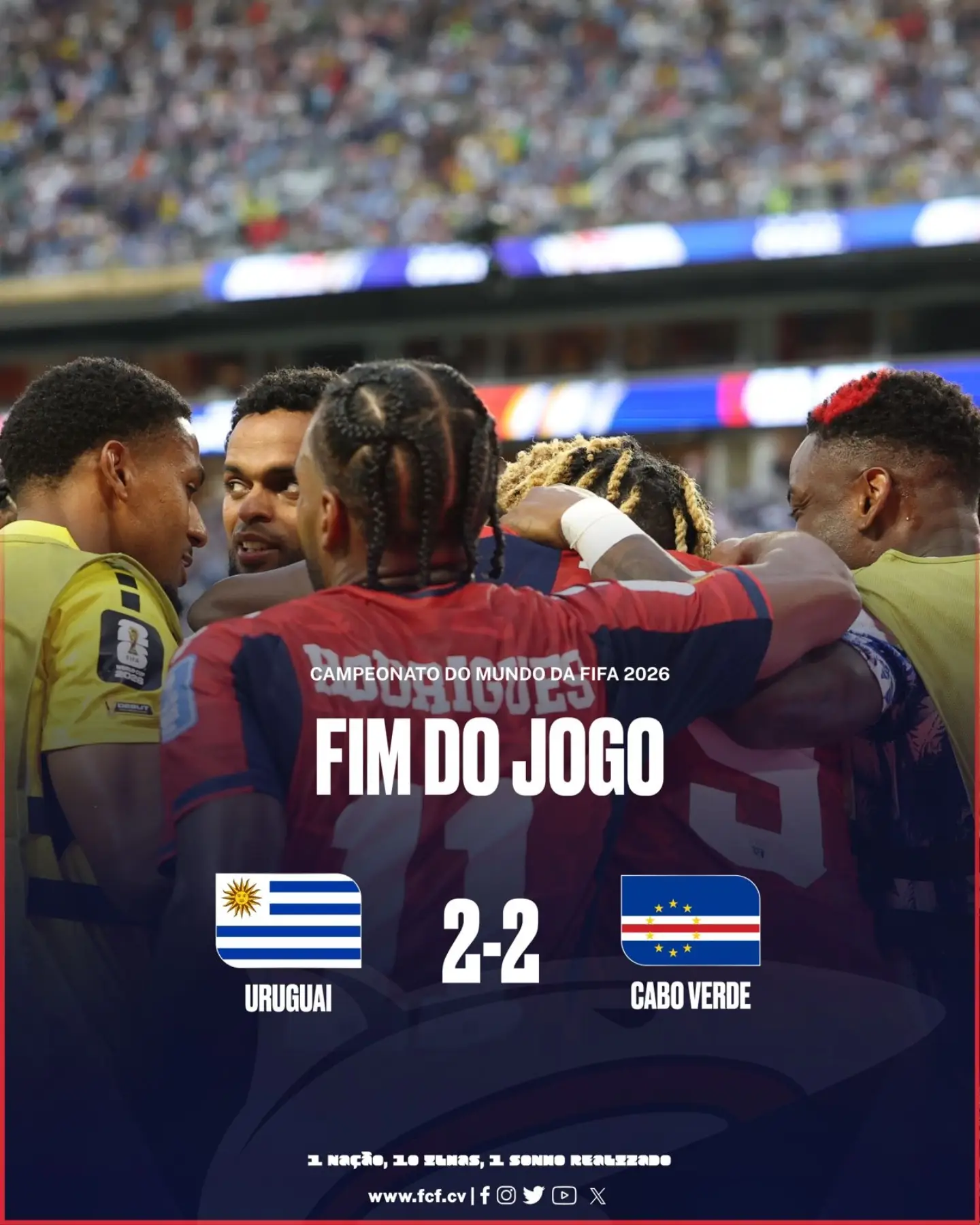 🏆 Mundial 2026
📝 2.ª Jornada Grupo H
🗓️ 21 de Junho 
🏟️ Estádio de Miami

𝗙𝗜𝗠 𝗗𝗢 𝗝𝗢𝗚𝗢
Uruguai 🇺🇾 2️⃣-2️⃣ 🇨🇻 Cabo Verde 
⚽ Kevin Pina 
⚽ Hélio Varela 

www.fcf.cv

----- 

#FIFAWorldCup | #FIFAWorldCup2026 | #CaboVerde | #TubarõesAzuis | #WeAreCaboVerde