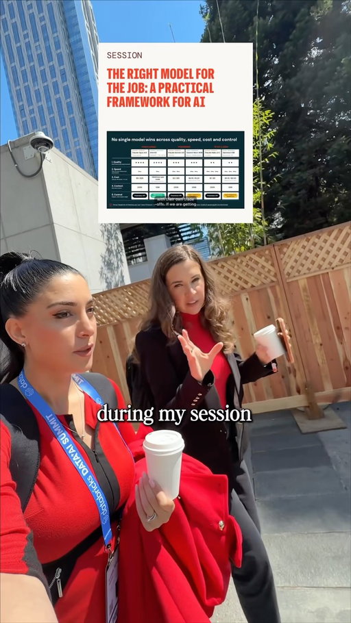 Walk with @viktoria.semaan & I … with our tea ☕️🤣 to the @databricksinc Data + AI summit ❤️ 

Viktoria created fantastic resources if you are looking to upskill building production AI systems on Databricks! 

Comment ✨DATABRICKS✨ for the links to:
🔹 Linkedln Learning course “Building production AI systems on databricks (it’s a fantastic crash course) 
🔹Recording of Session “Choosing the right model for the job”

It was SO special getting to be at the Data + AI summit together (reunion 🥹❤️) - the highlight is always the in-person chats & tech community!

We both lost our voice a bit so the tea was our best friend haha!